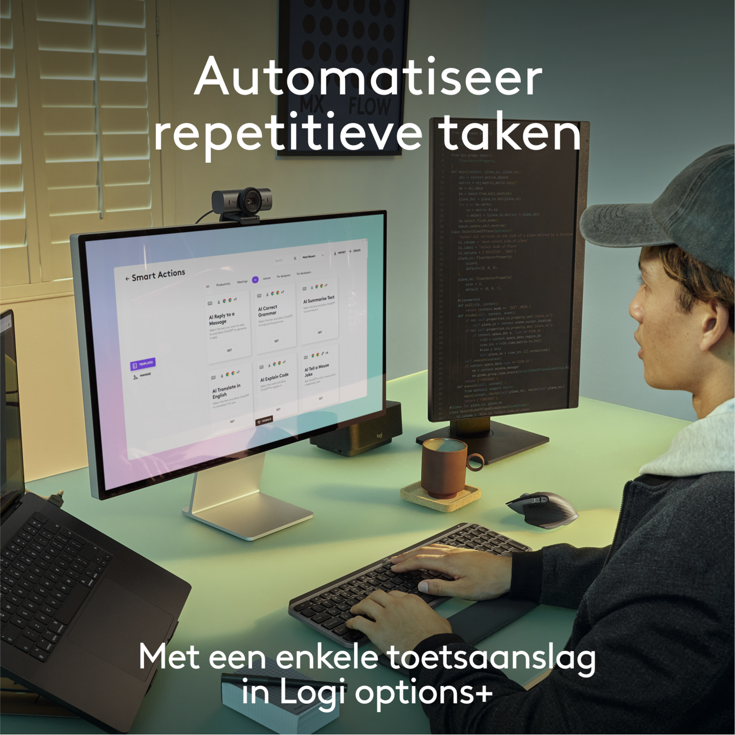 Person at desk with dual monitors showing chat and code, using a keyboard.