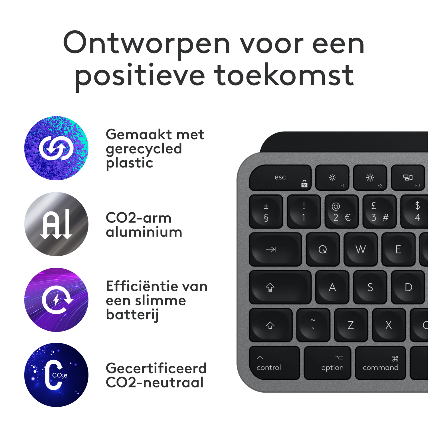 Keyboard with icons for recycled plastic, CO2-arm aluminum, and battery efficiency. Gray keyboard.