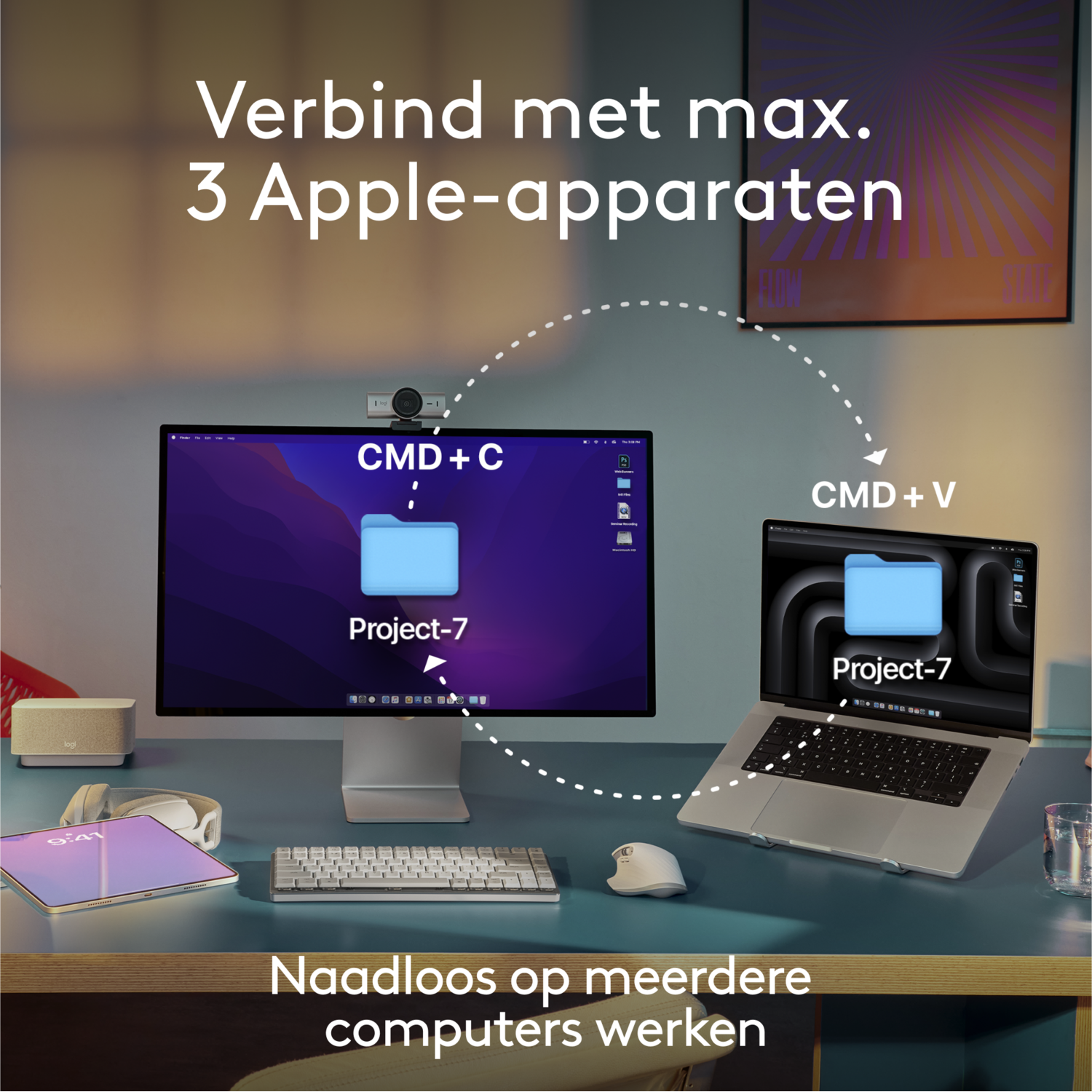 A desk setup with a monitor, laptop, keyboard, mouse, and headphones. The text reads "Connect with max. 3 Apple devices"