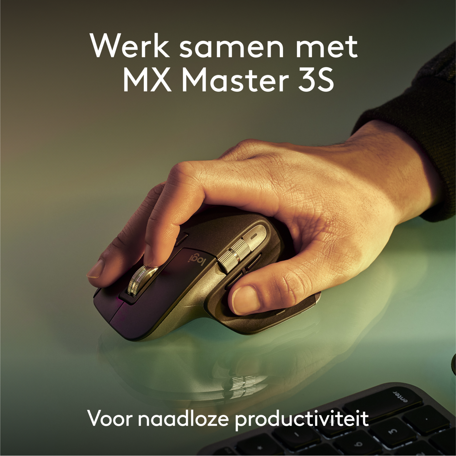 Hand using a black mouse on a surface. Text: Work together with MX Master 3S.