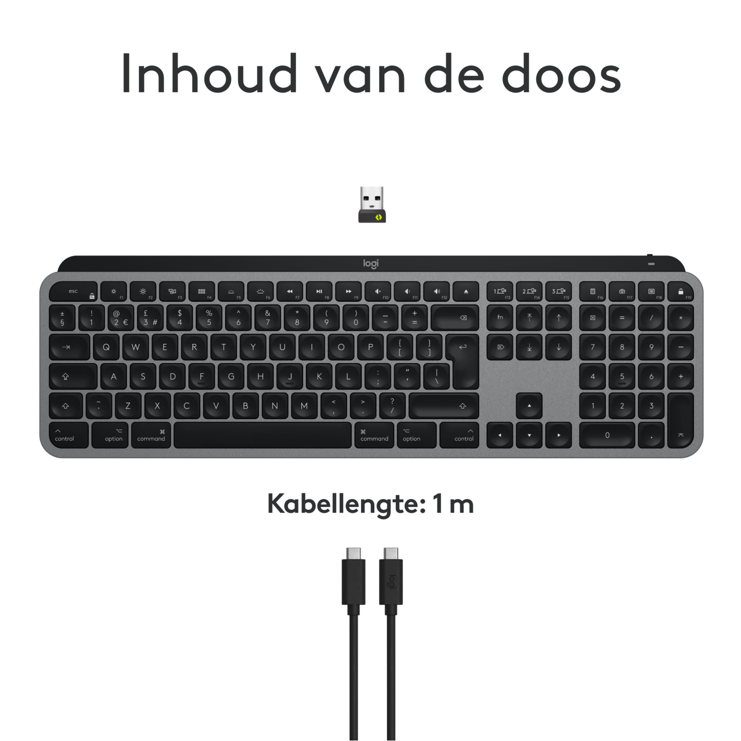 Keyboard, USB receiver, and cables. Text: Inhoud van de doos (Dutch).