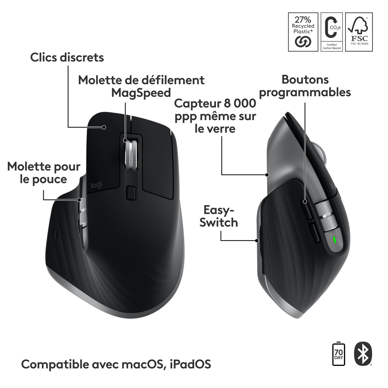 Souris sans fil noire, deux vues. Montre molette, boutons latéraux et bouton Easy-Switch.
