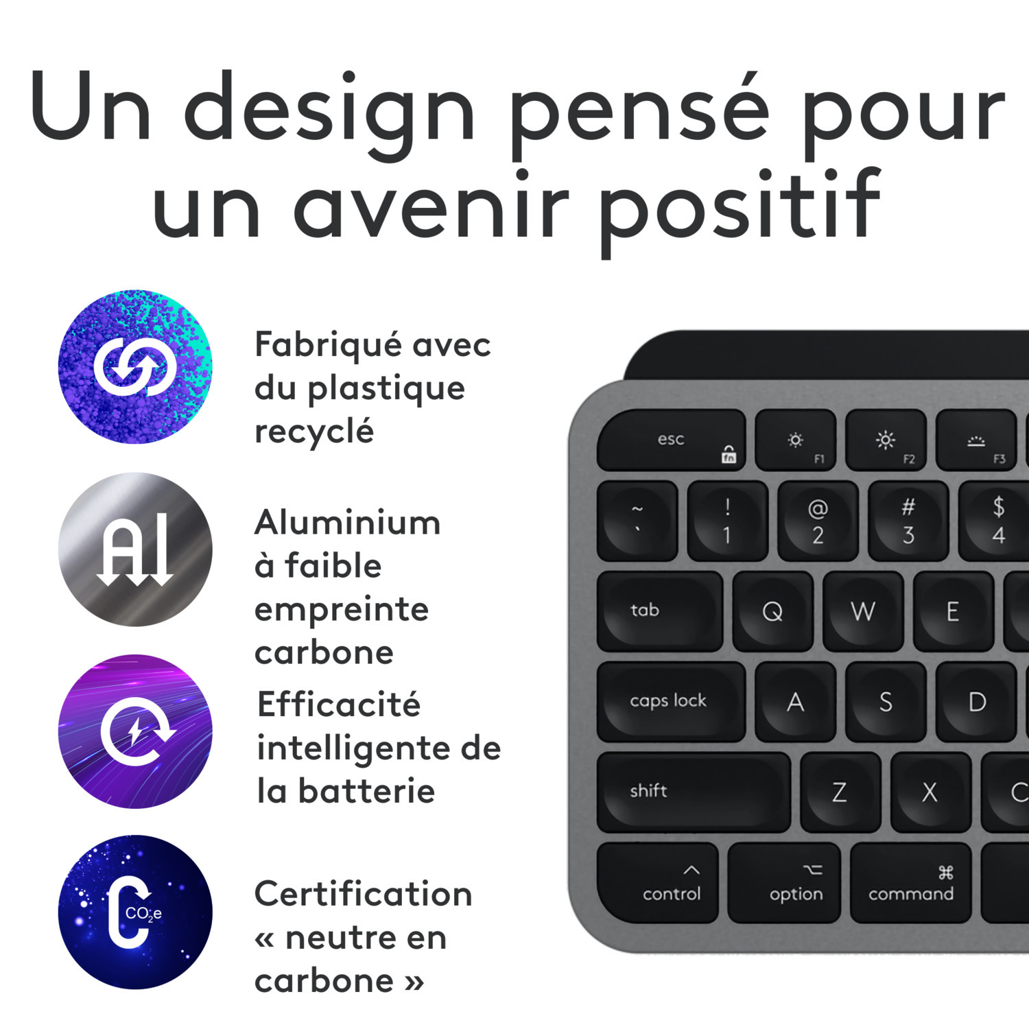 Clavier avec logos de recyclage et texte sur la durabilité.
