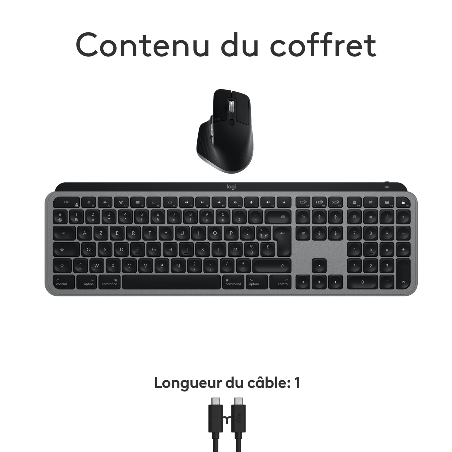 Clavier, souris et câbles, avec le texte 'Contenu du coffret'.