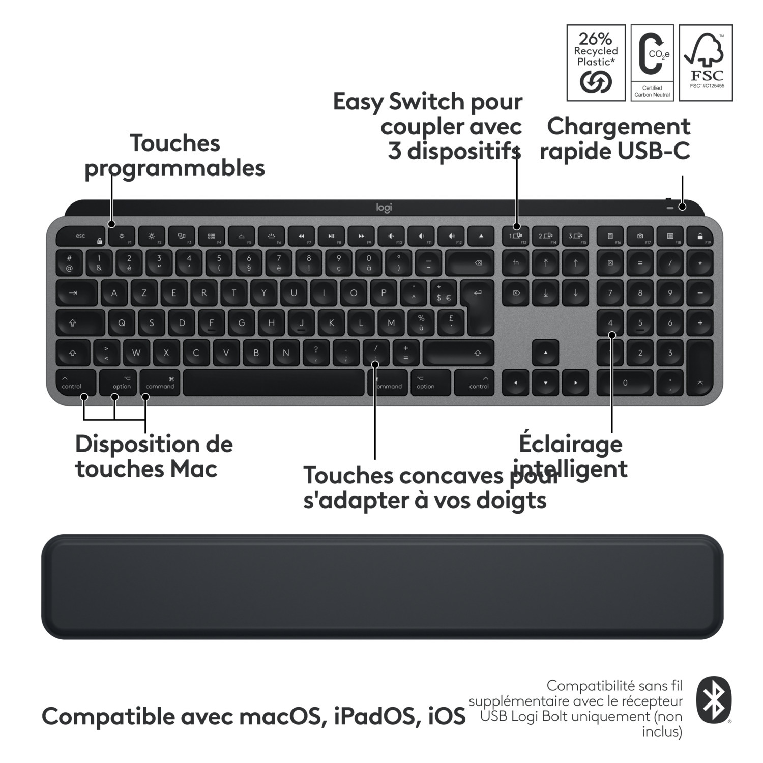 Clavier avec touches et repose-poignet. Étiquettes de texte et icônes. Fond blanc.