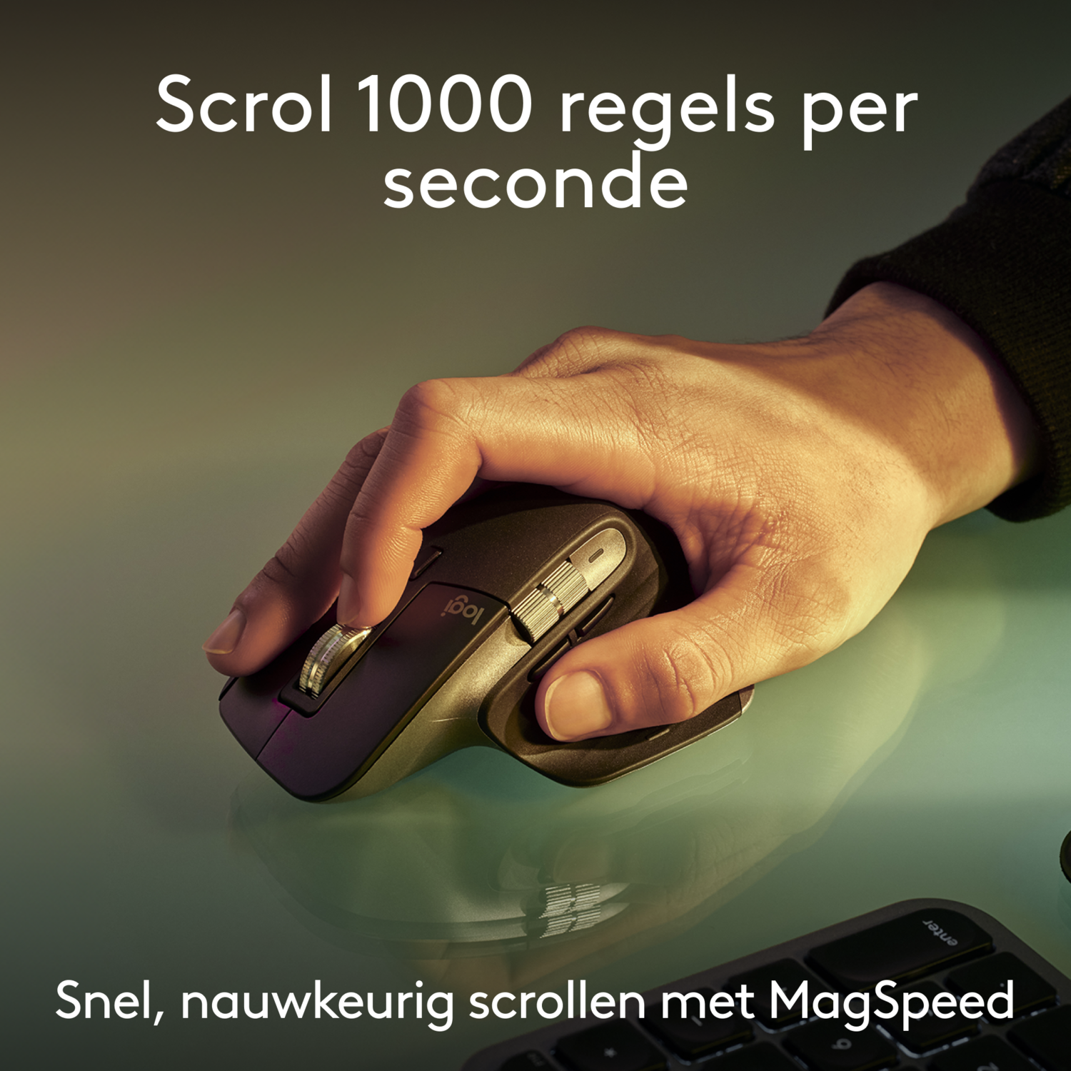 Hand holding a black mouse. The mouse is over a desk. Text reads scroll 1000 rules.