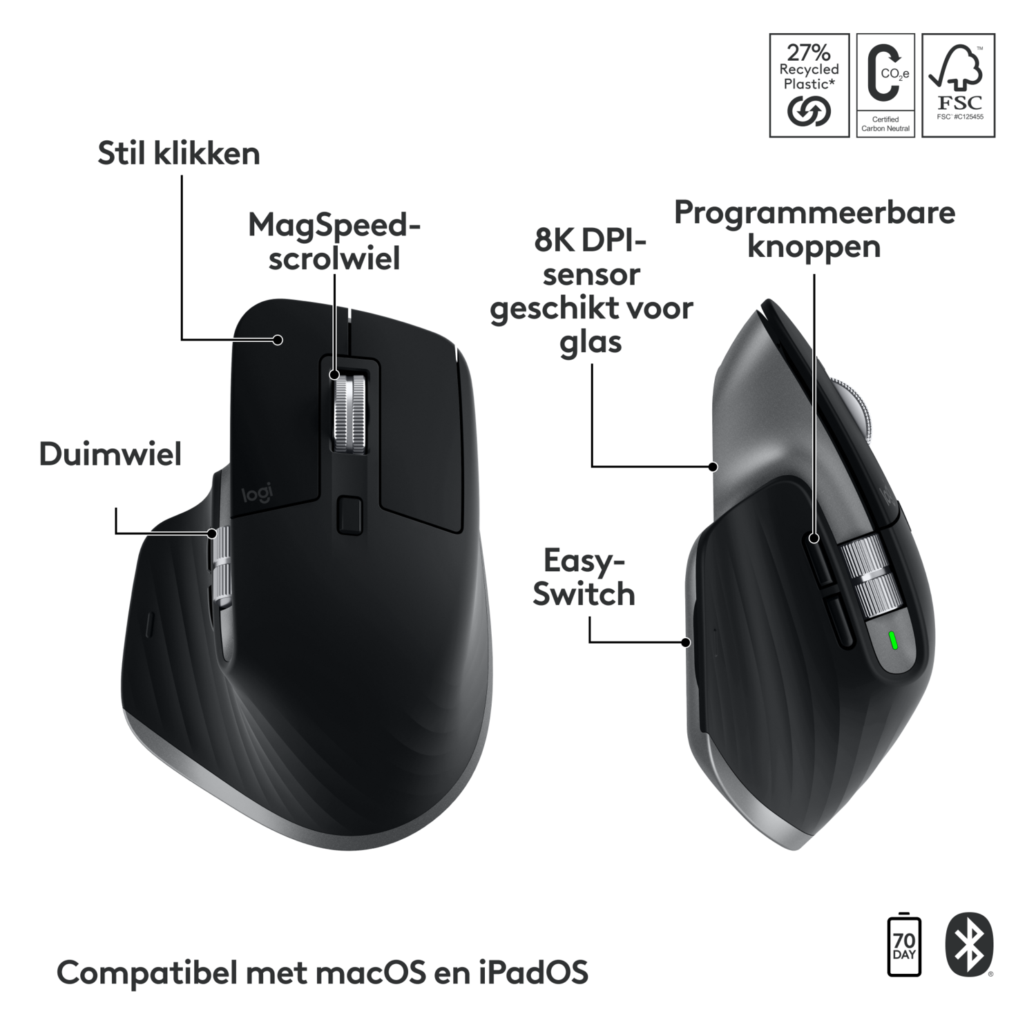 A black computer mouse with various labeled buttons and scroll wheel.