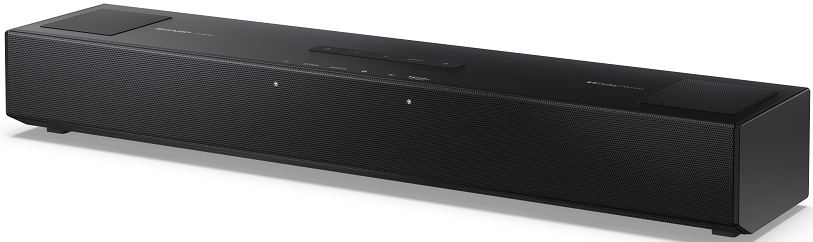 Egy fekete soundbar gombokkal és hangszórókkal. Dolby Atmos logó látható.