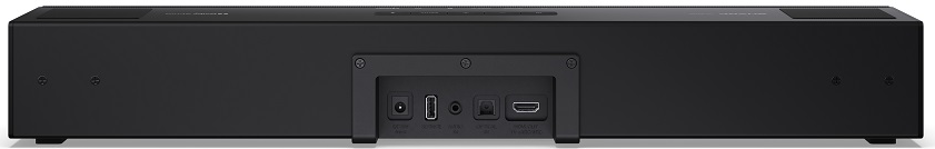 Fekete soundbar a hátoldalon lévő portokkal. A portok közé tartozik a DC, USB és HDMI.