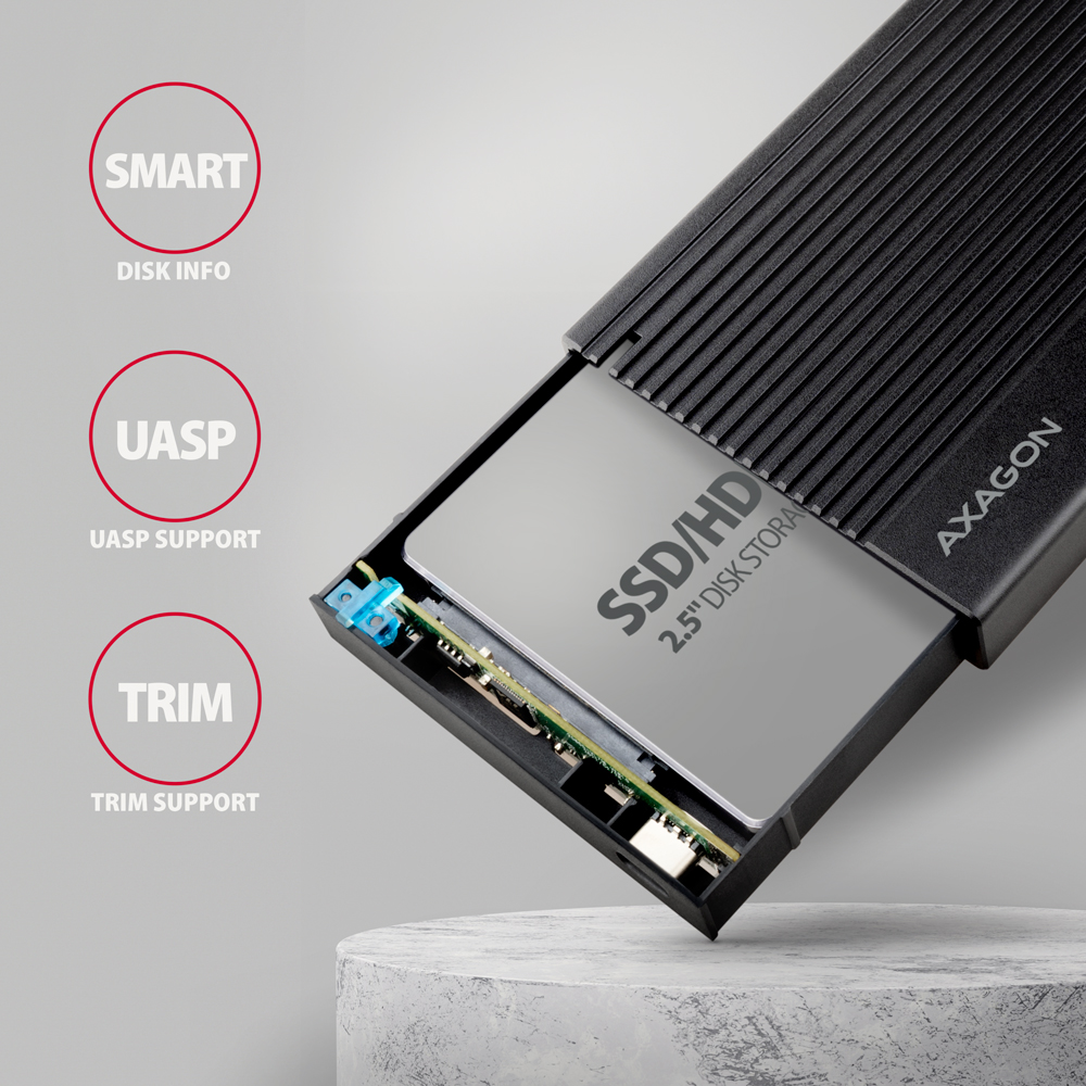 SSD/HD 2,5" lemezes tároló egy tokban. Címkék a Smart, UASP támogatáshoz és TRIM támogatáshoz.
