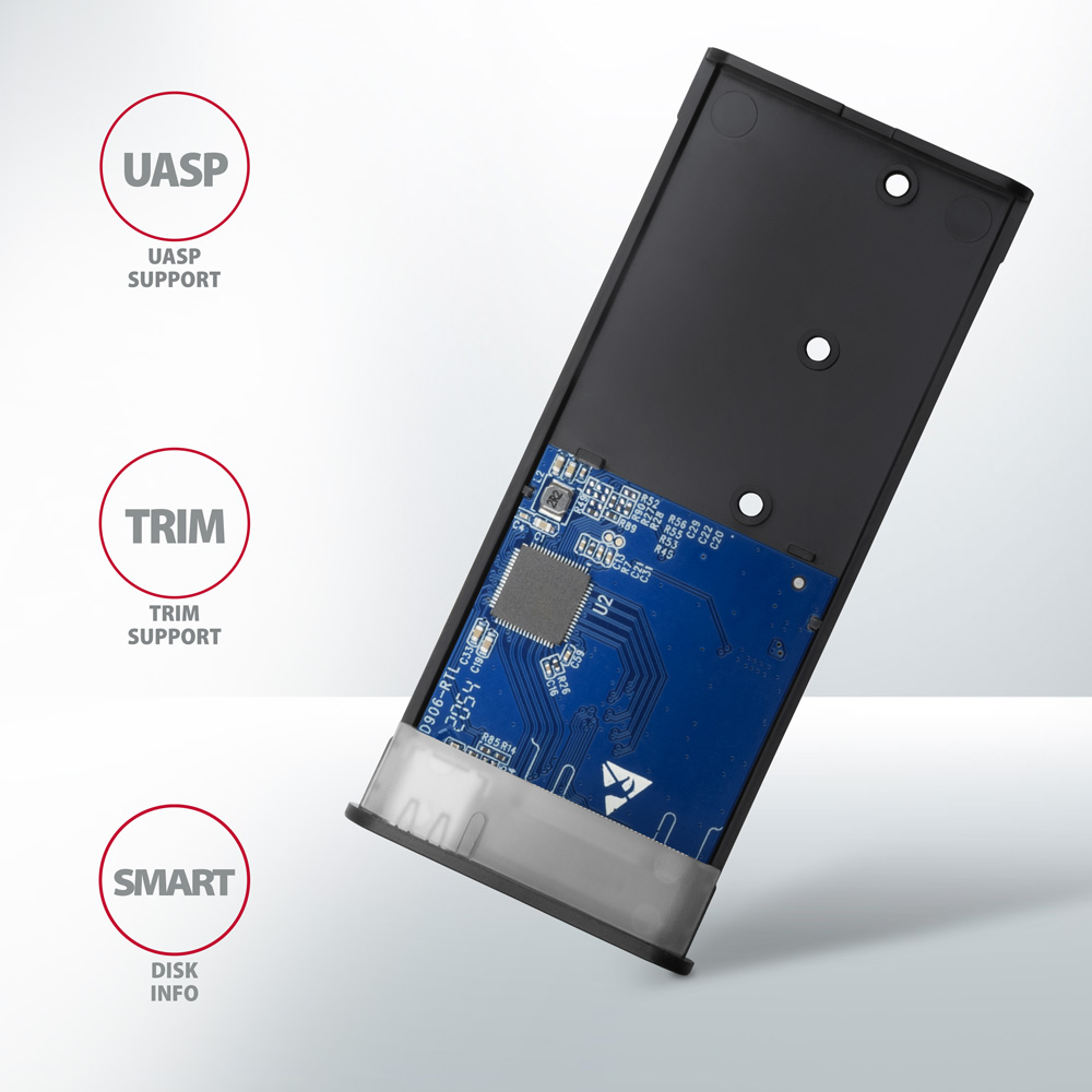 Egy fekete elektronikus alkatrész szöveges címkékkel: UASP, TRIM, SMART.