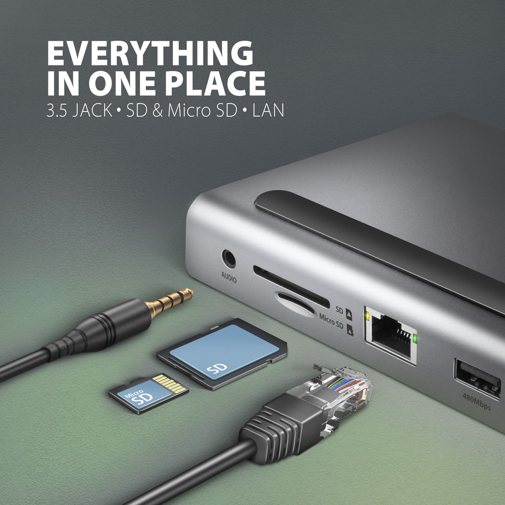 Ezüst hub audio, SD, Micro SD, LAN portokkal és kábelekkel.