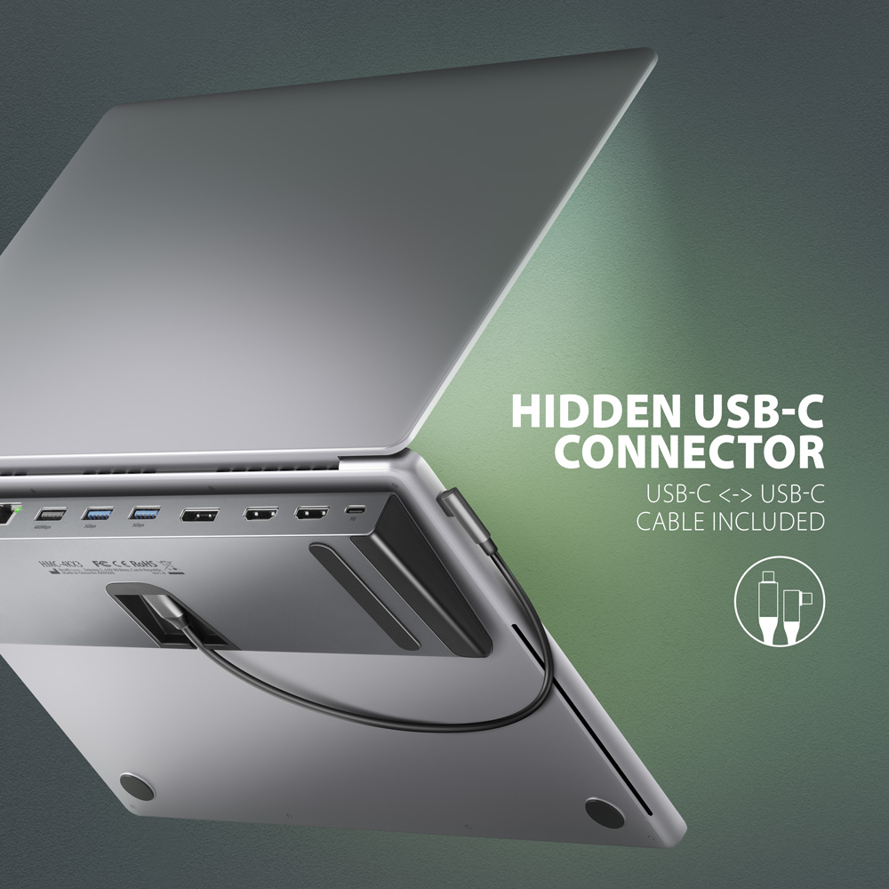 Laptop kiemelt USB-C csatlakozóval. USB-C kábel is mellékelve.