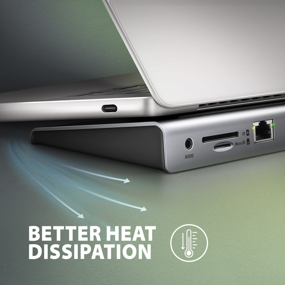Laptop egy ezüst alapon. Ezüst és fekete. Szöveg: Jobb hőelvezetés. Nyilak és hőmérő ikon.
