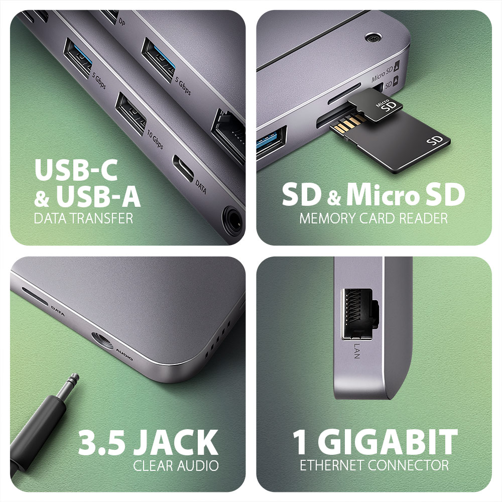 Egy szürke többportos adapter közeli képe, USB-C, USB-A, SD, MicroSD, audio és Ethernet portokkal.