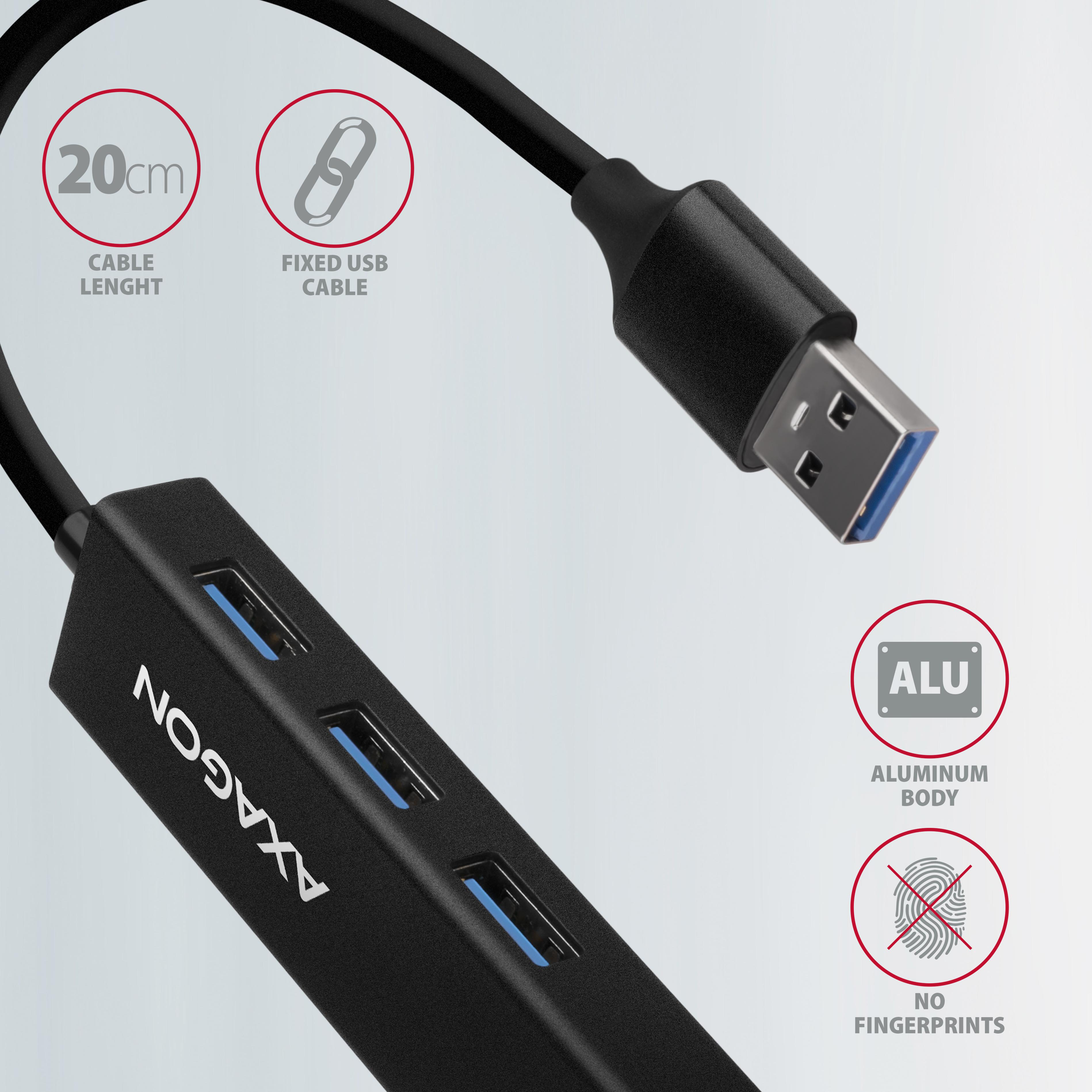 Fekete USB hub három porttal, fix USB kábellel és szöveges címkékkel.
