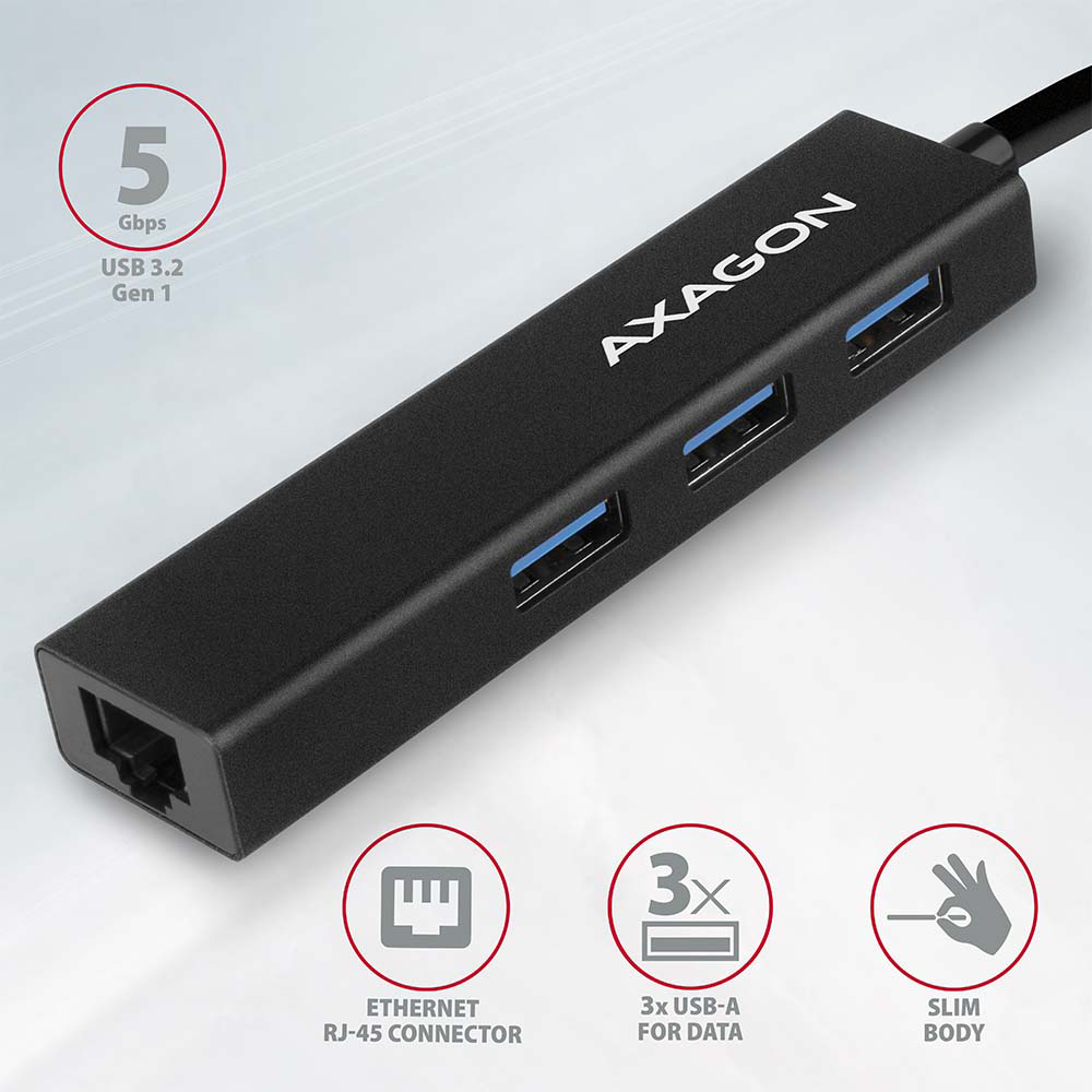 Fekete USB hub három USB porttal és egy Ethernet porttal, ikonokkal és szöveggel.