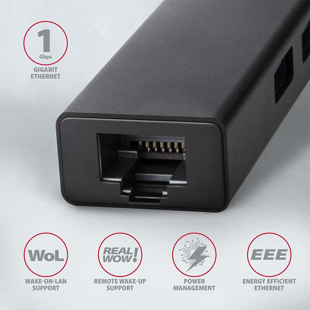 Fekete hub Gigabit Ethernet, WoL, Remote Wake-up, Power Management és EEE logókkal.