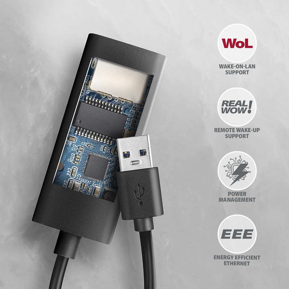 Fekete USB adapter belső áramköri lap részletekkel és ikonokkal.