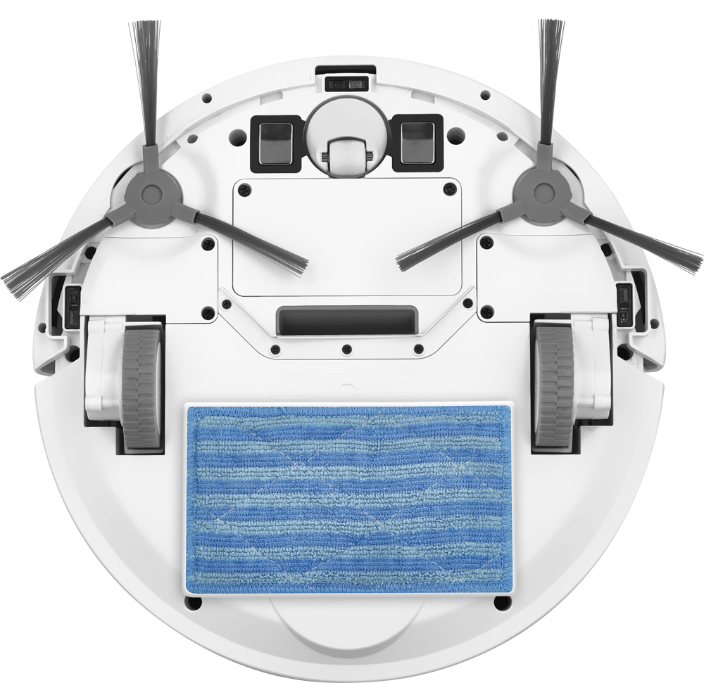 Egy fehér robotporszívó alja kefékkel és egy kék tisztítópárnával.