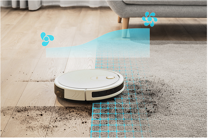 Egy fehér robotporszívó fából készült padlót tisztít, a tisztítási útvonalat mutatja.