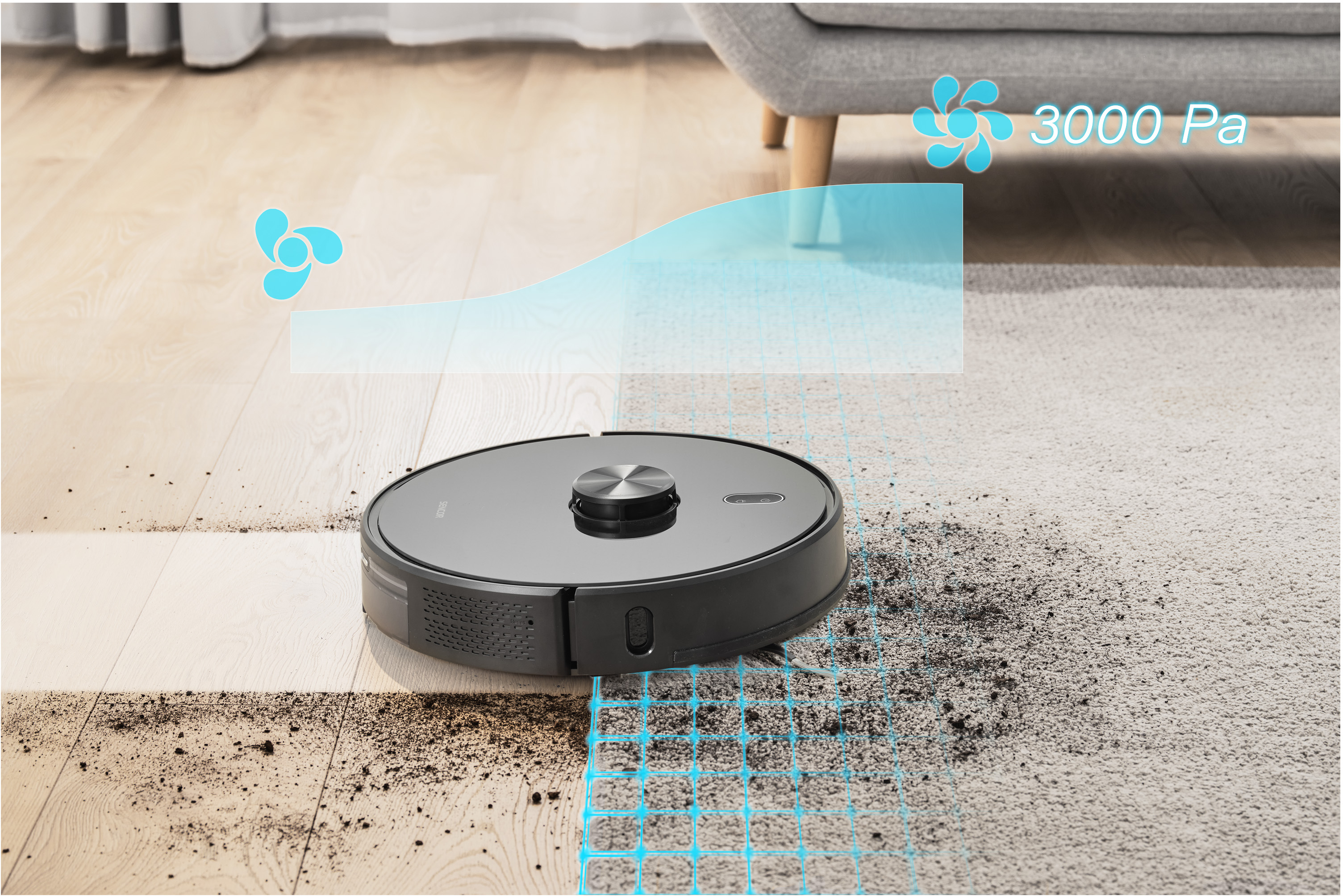 Robot porszívó takarít egy szobát. Előtte-utána hatás, 3000 Pa grafikával.