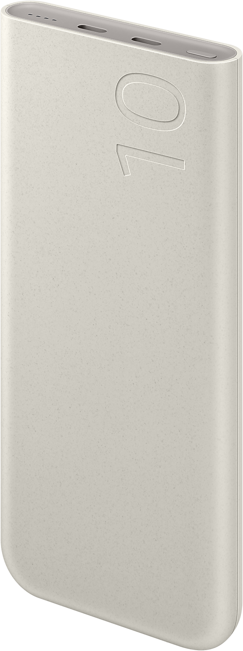 Világos bézs power bank, rajta a 10-es számmal nyomtatva.