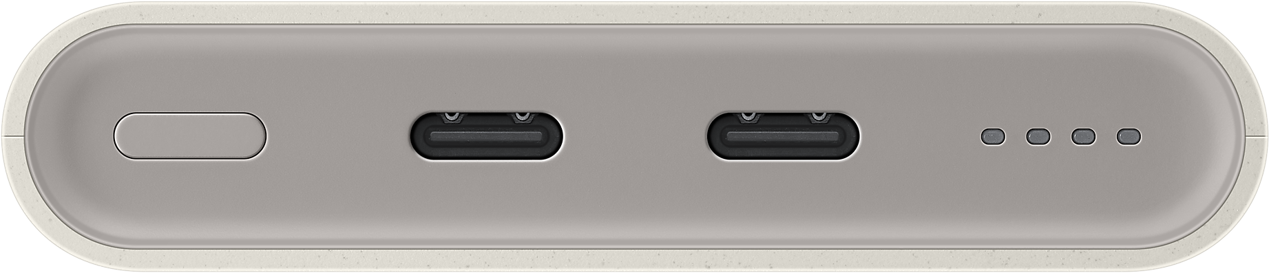 Egy power bank közeli képe, USB-C portokat és töltésjelzőket mutat.