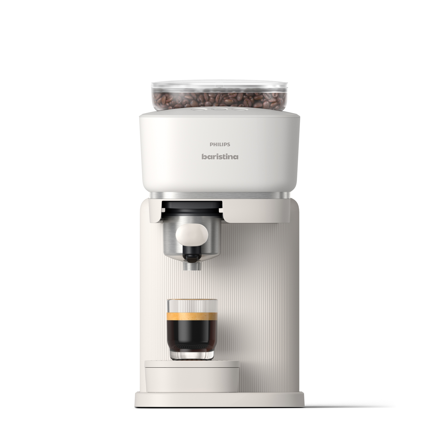 White coffee maker with coffee beans and a glass of espresso.