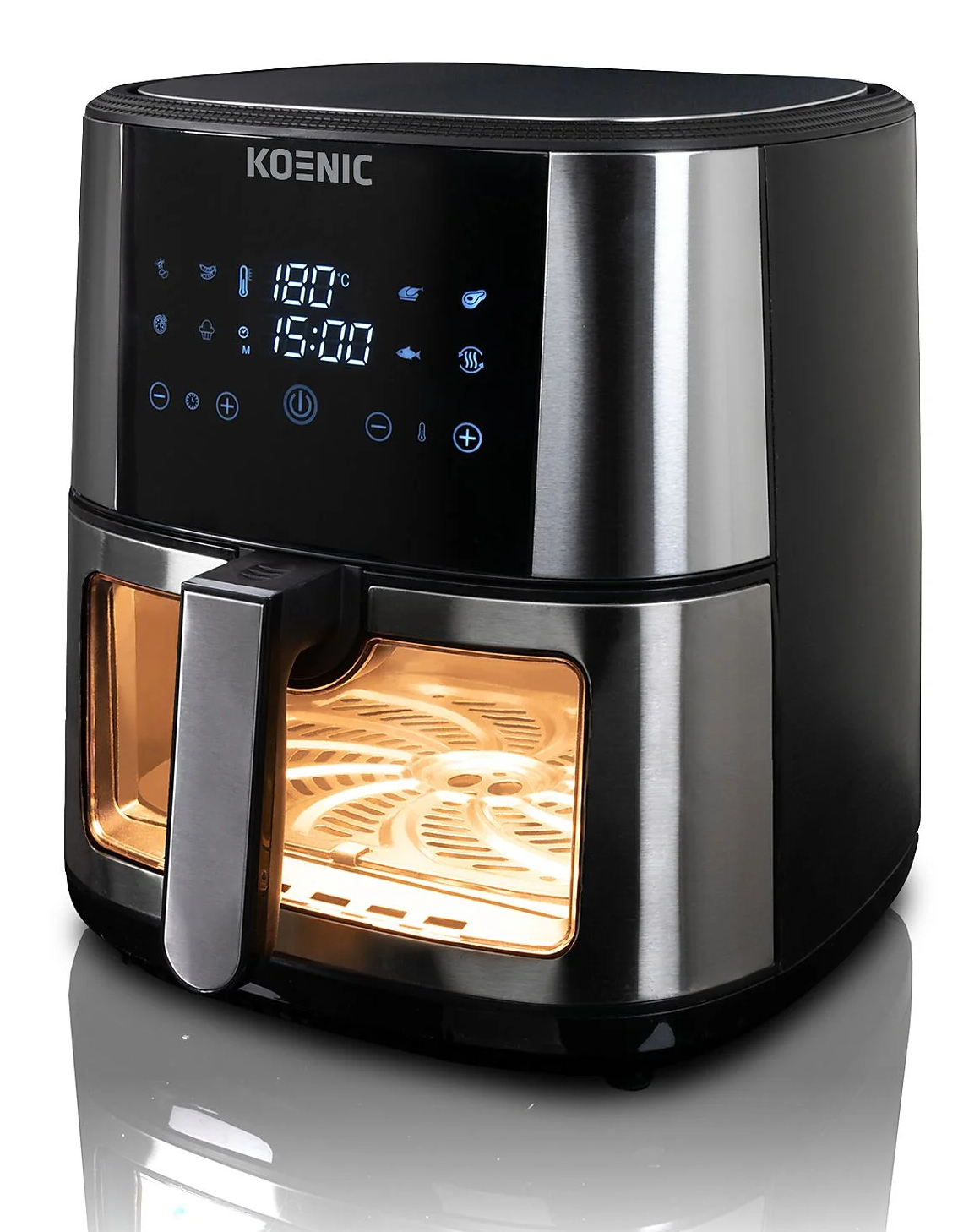 Czarna frytkownica powietrzna z cyfrowym wyświetlaczem. Ma uchwyt i okno.
