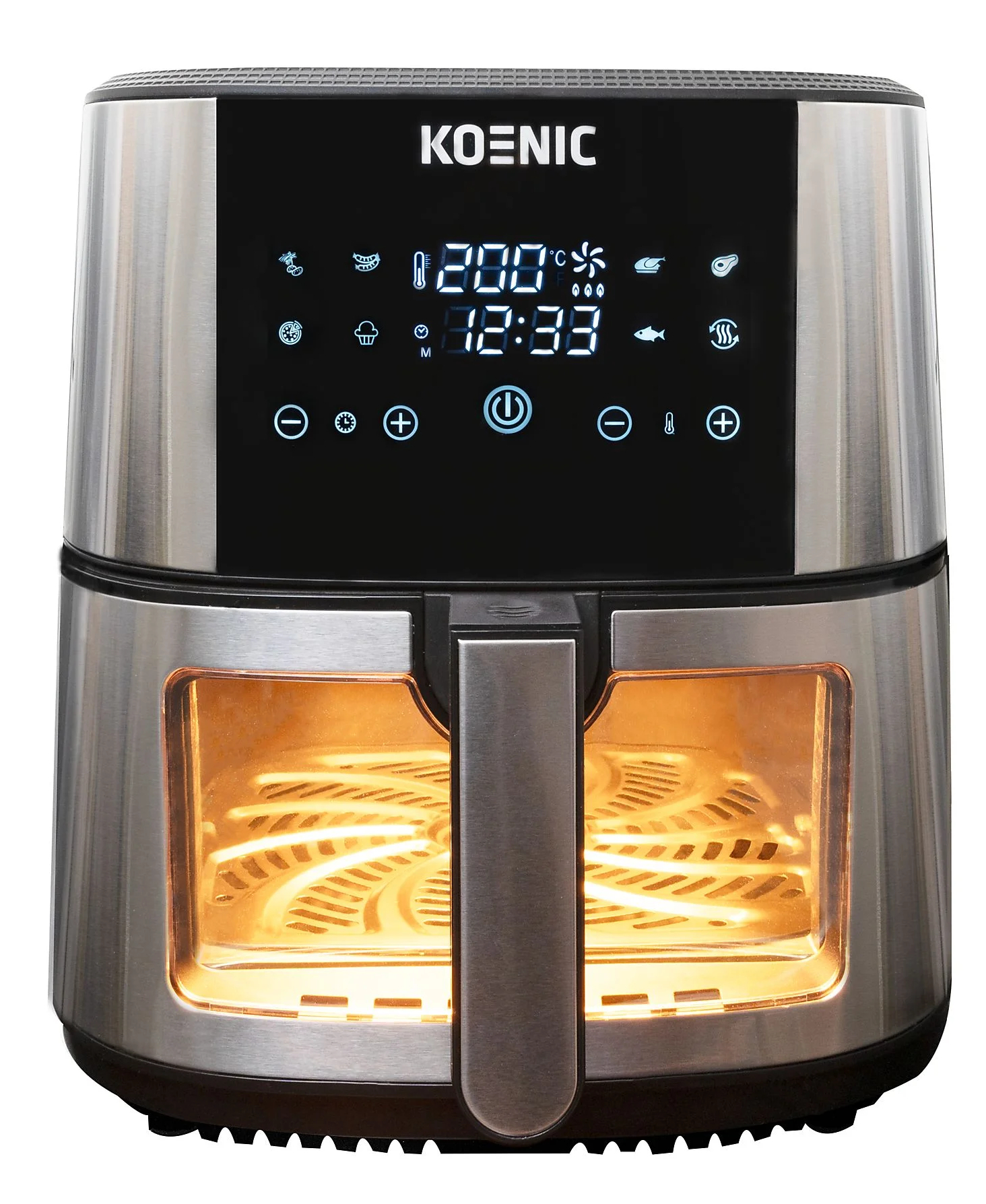 Srebrno-czarna frytkownica beztłuszczowa. Posiada wyświetlacz cyfrowy i uchwyt. Wnętrze jest podświetlone.
