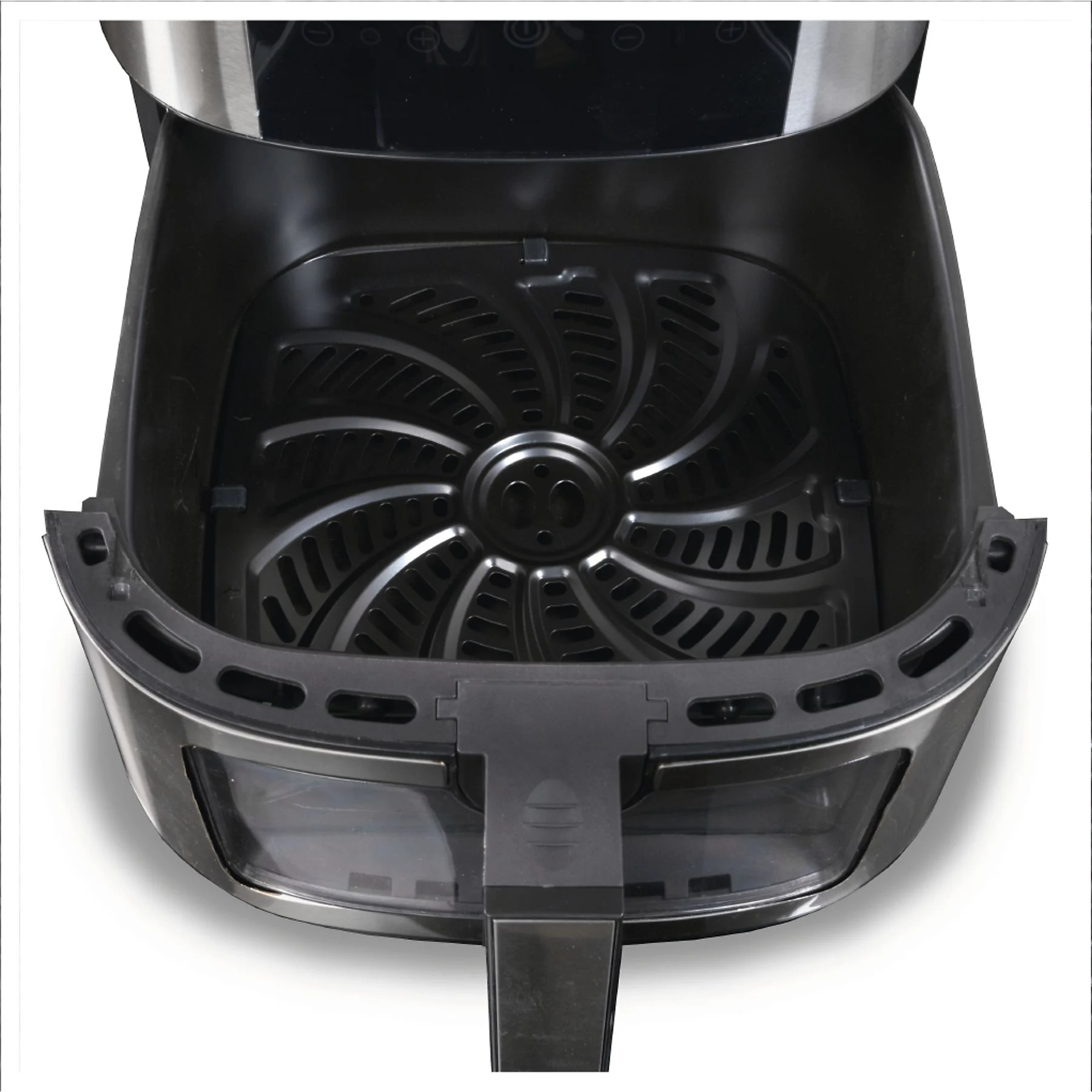 Otwarty czarny wnętrze frytkownicy powietrznej z elementem grzewczym w kształcie wentylatora i tacką.