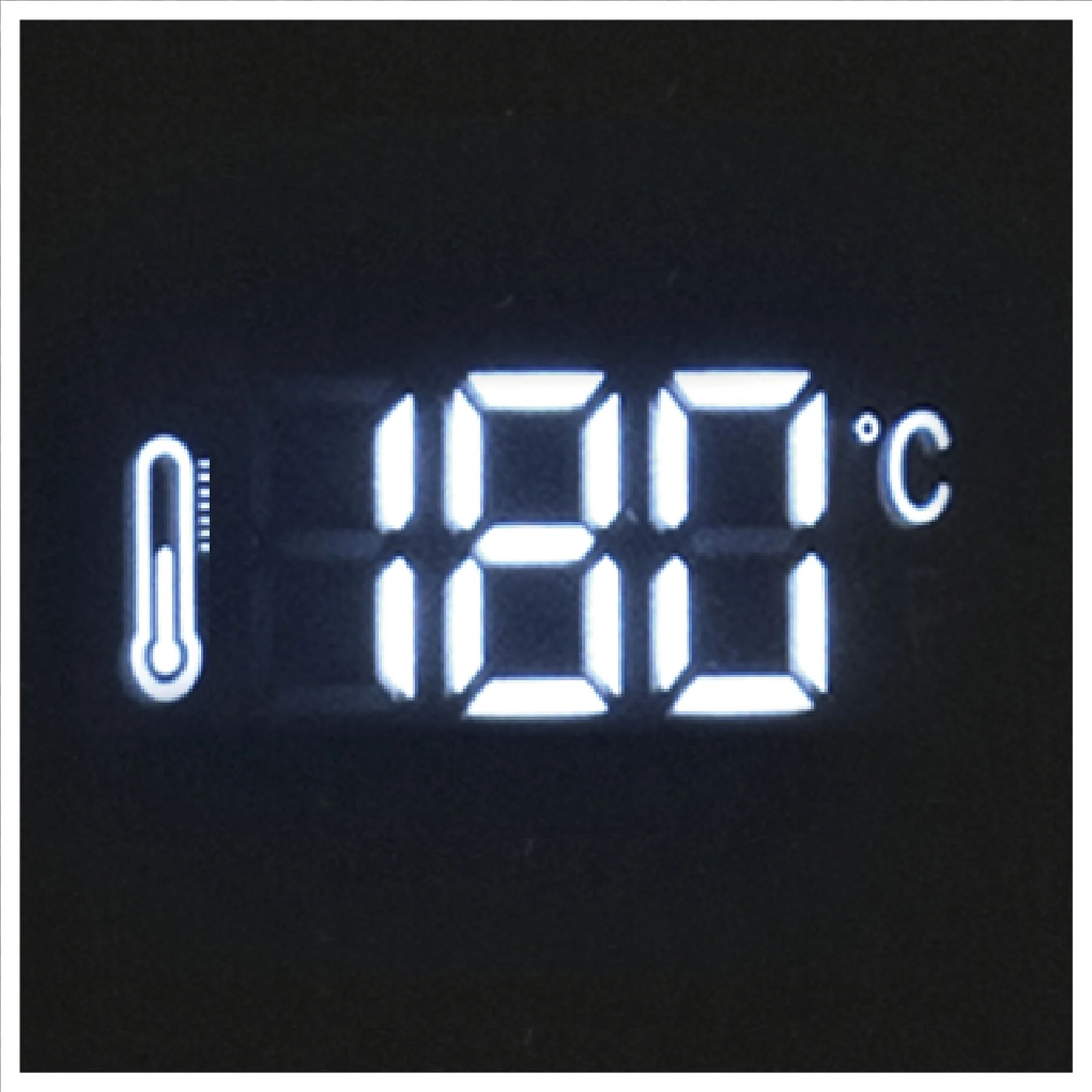 Wyświetlacz cyfrowy pokazujący 180 stopni Celsjusza, z ikoną termometru. Czarne tło.