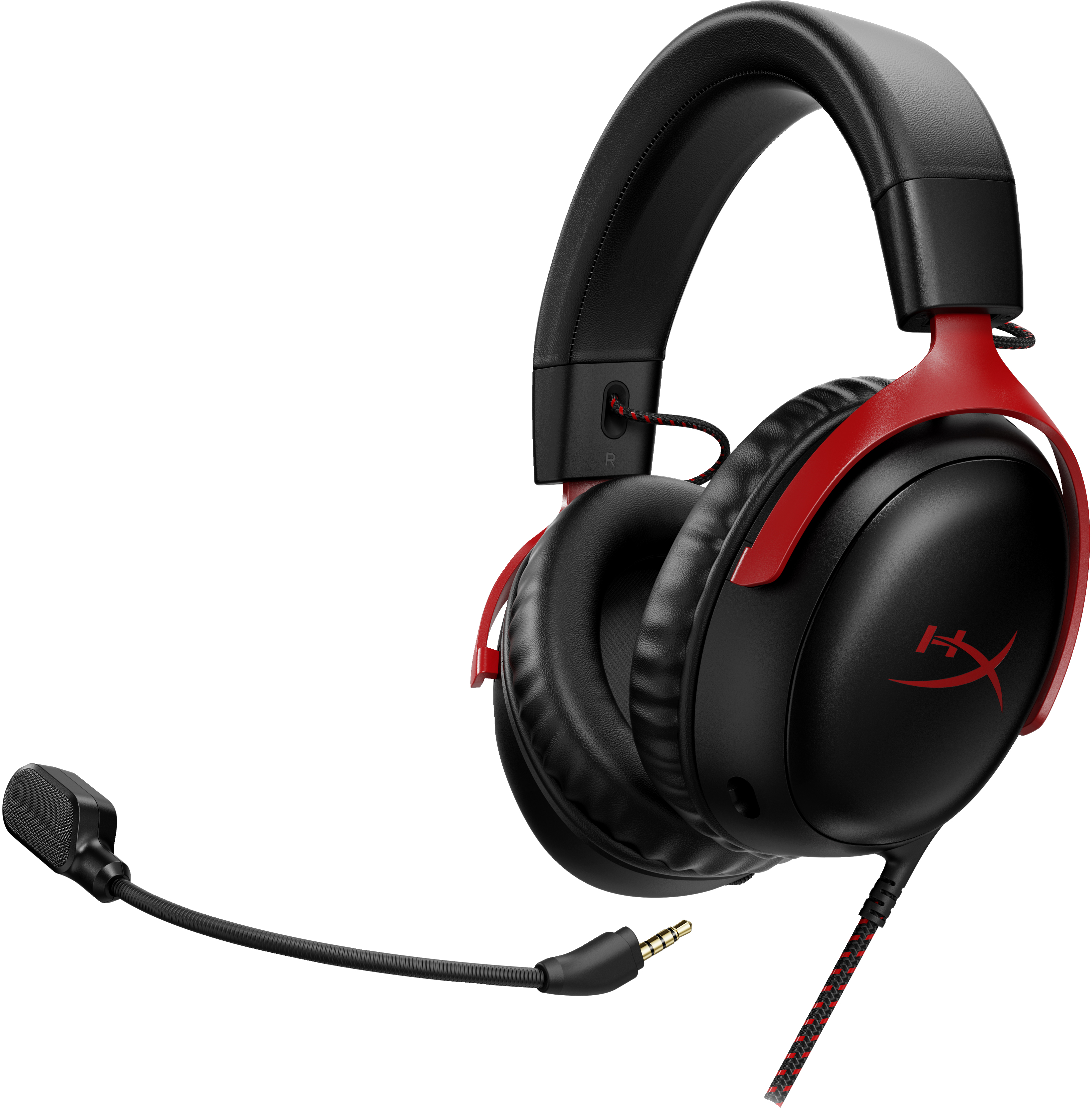 Schwarzes und rotes Gaming-Headset mit Mikrofon. HyperX-Logo auf den Ohrmuscheln.