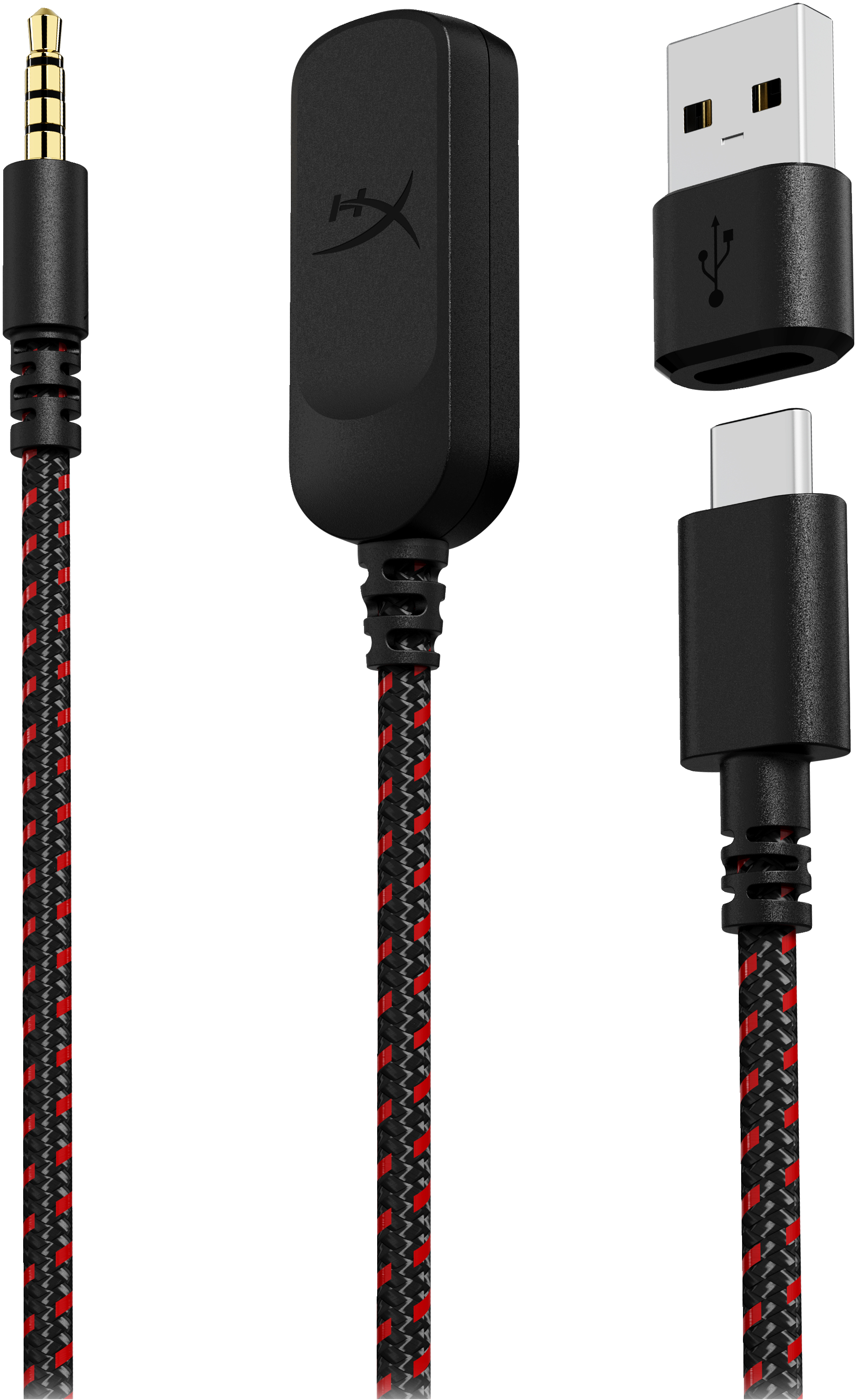 Kabel: 3,5-mm-Audioanschluss, USB- und USB-C-Kabel mit schwarzem Stecker.