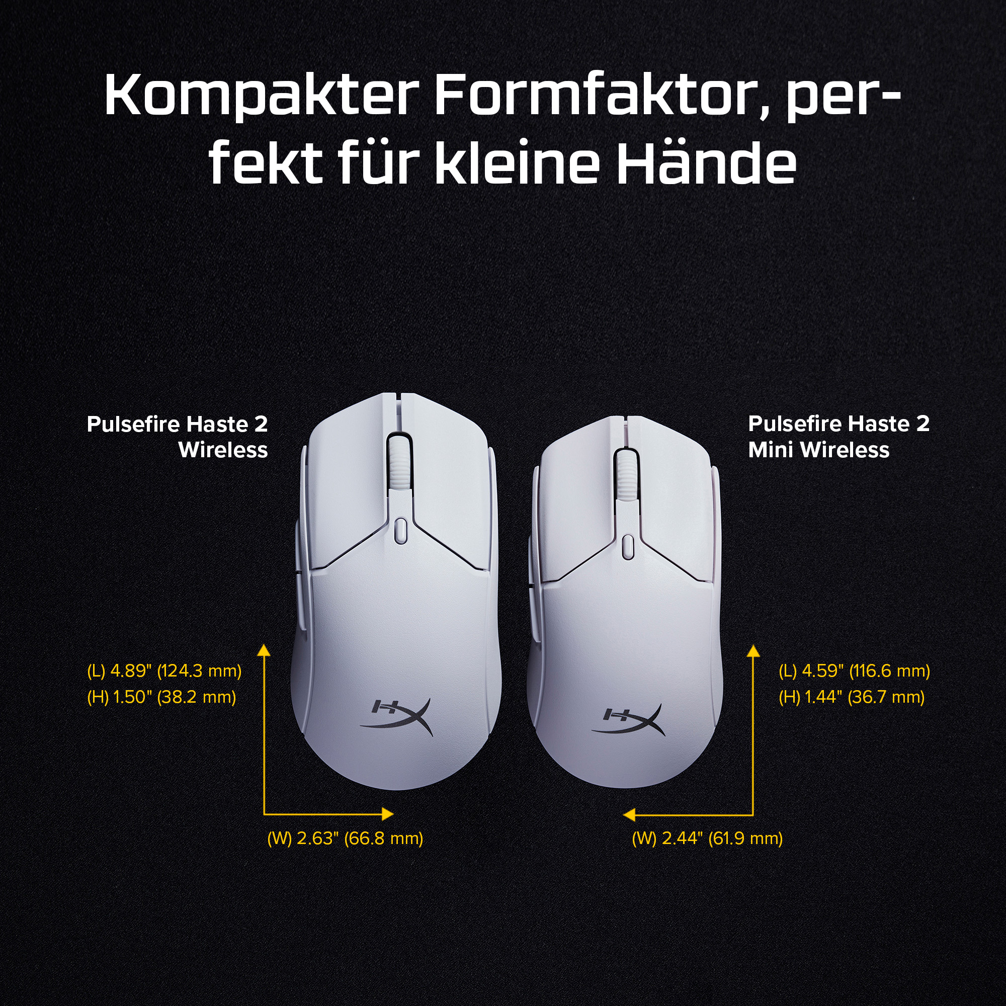 Zwei weiße kabellose Gaming-Mäuse mit Größenvergleichen und Abmessungen.