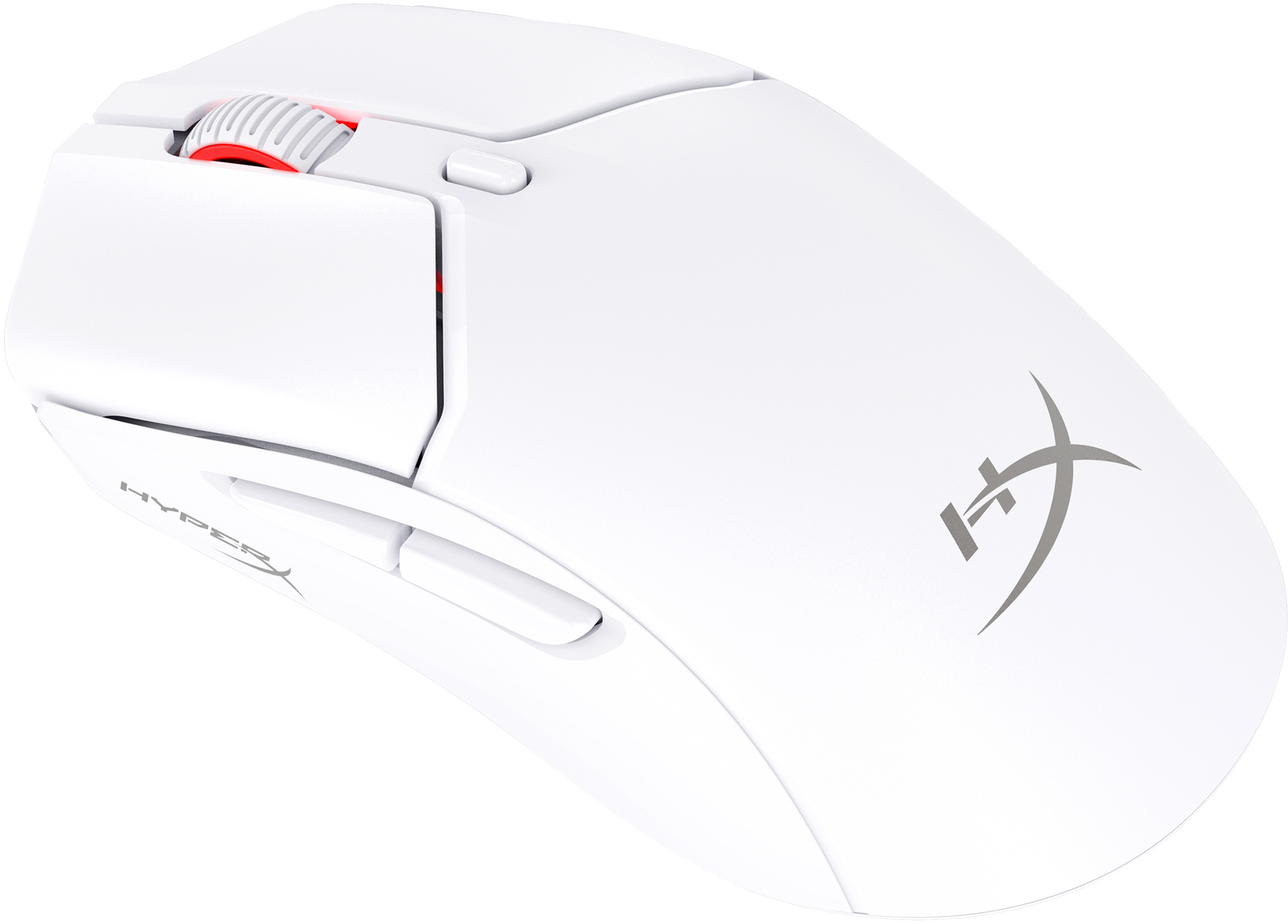 Weiße Computermaus mit rotem Scrollrad und HyperX-Logo.