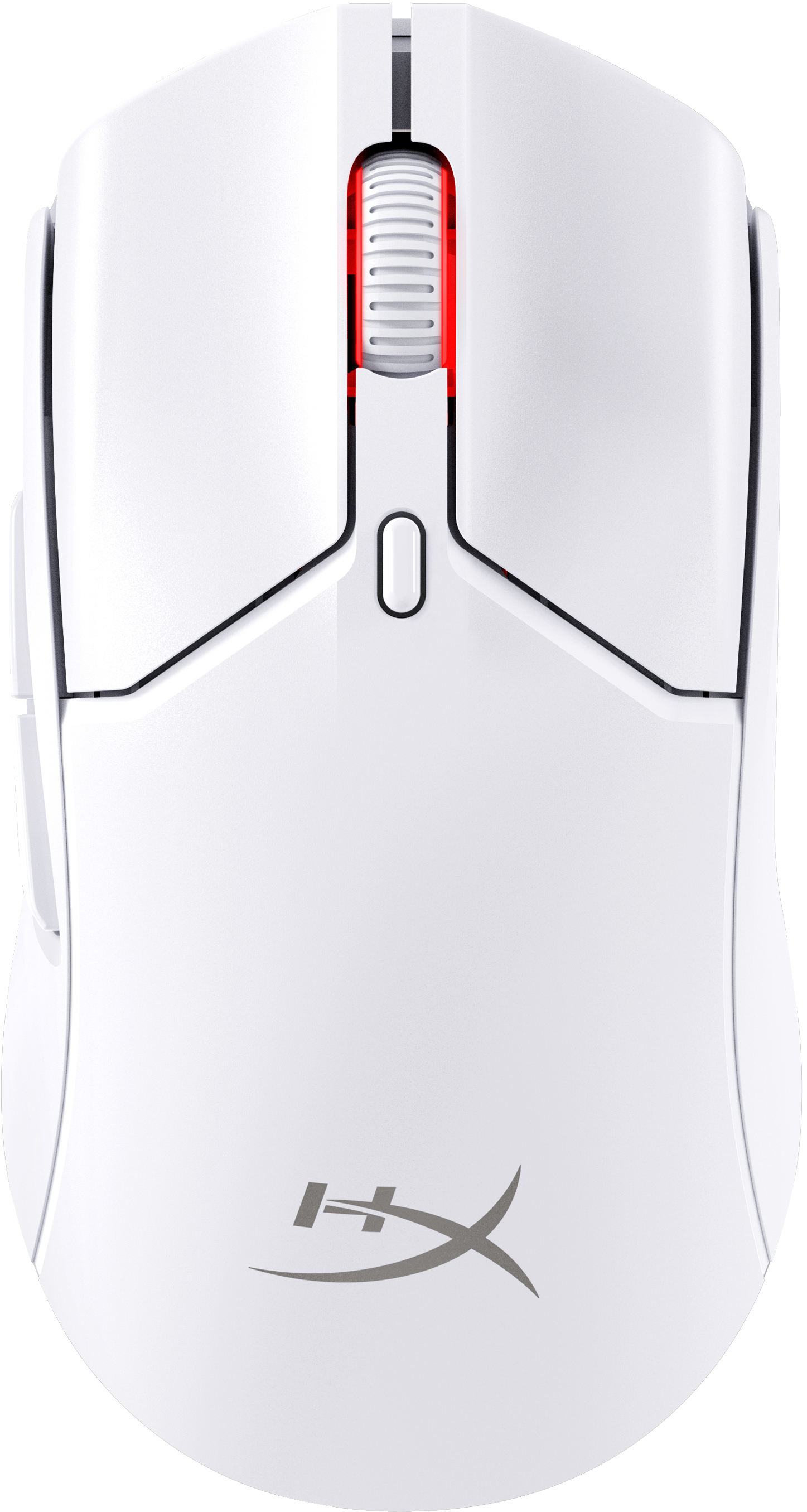 Eine weiße HyperX Gaming-Maus. Sie hat ein Scrollrad und ein Logo.