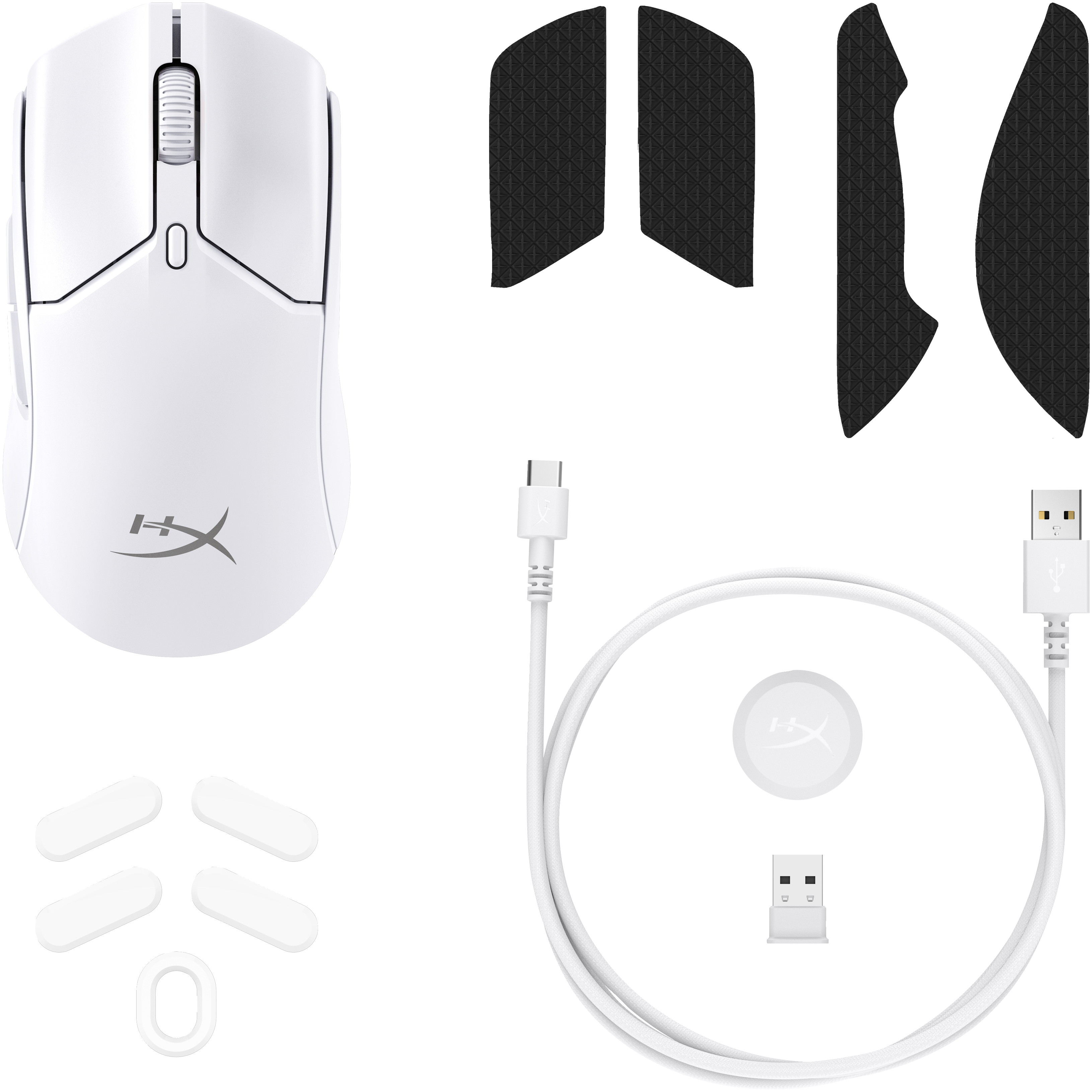 Weiße Gaming-Maus mit zusätzlichen Griffen, Aufklebern, einem USB-Kabel und einem Funkempfänger.