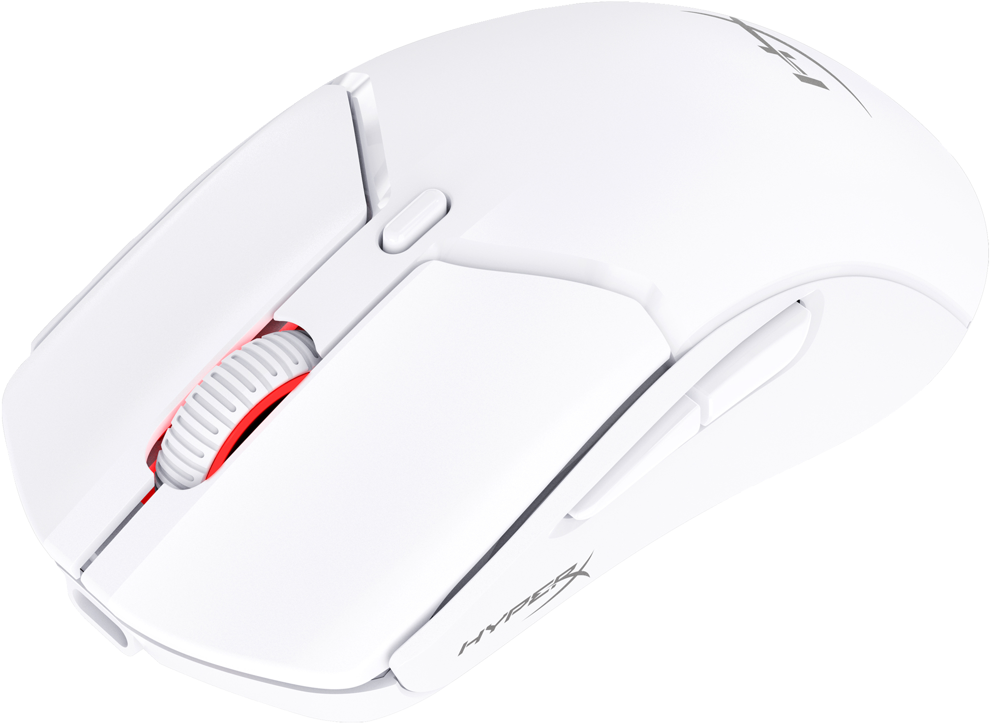 Eine weiße HyperX Gaming-Maus mit rotem Scrollrad.