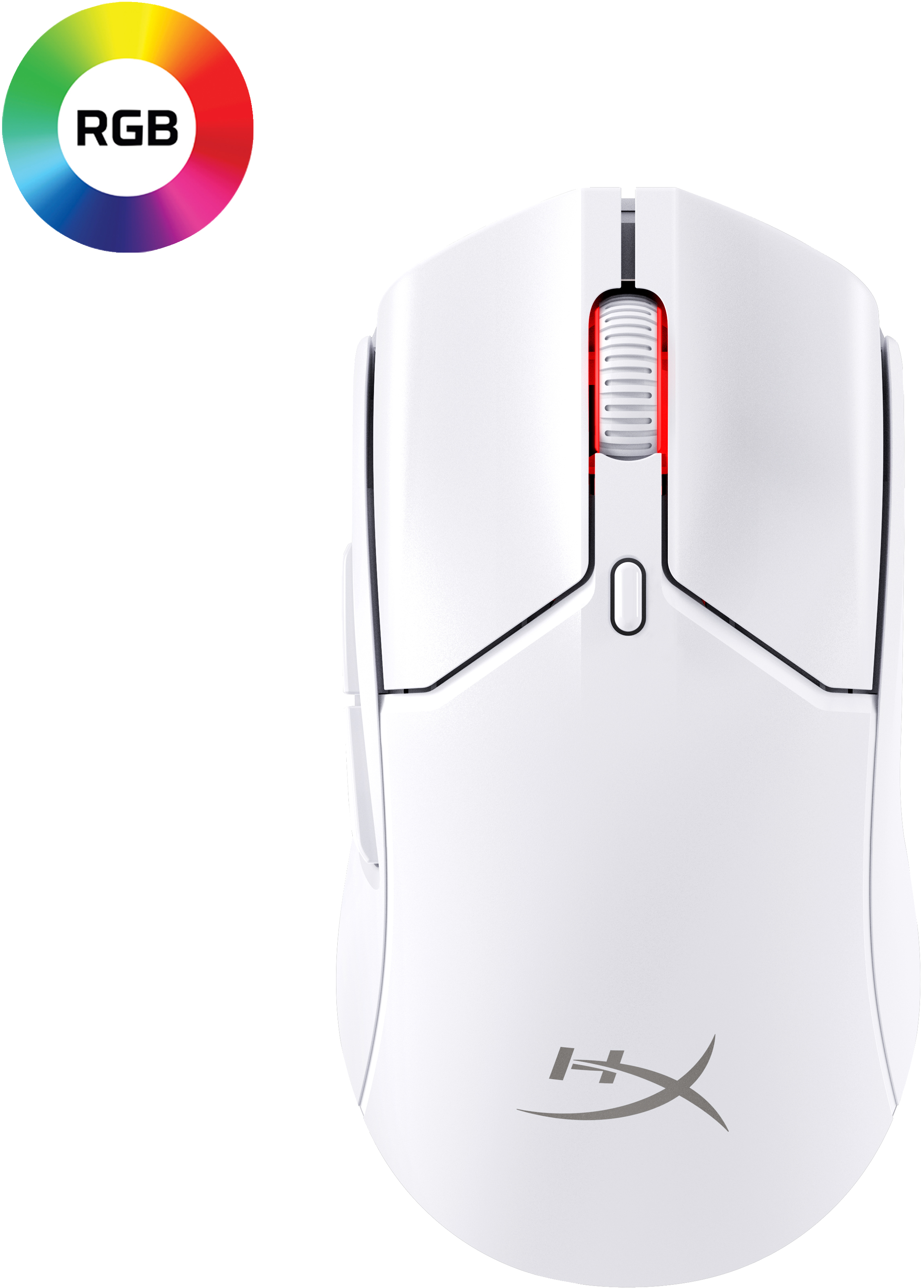 Weiße Gaming-Maus mit RGB-Farbrad und HyperX-Logo.
