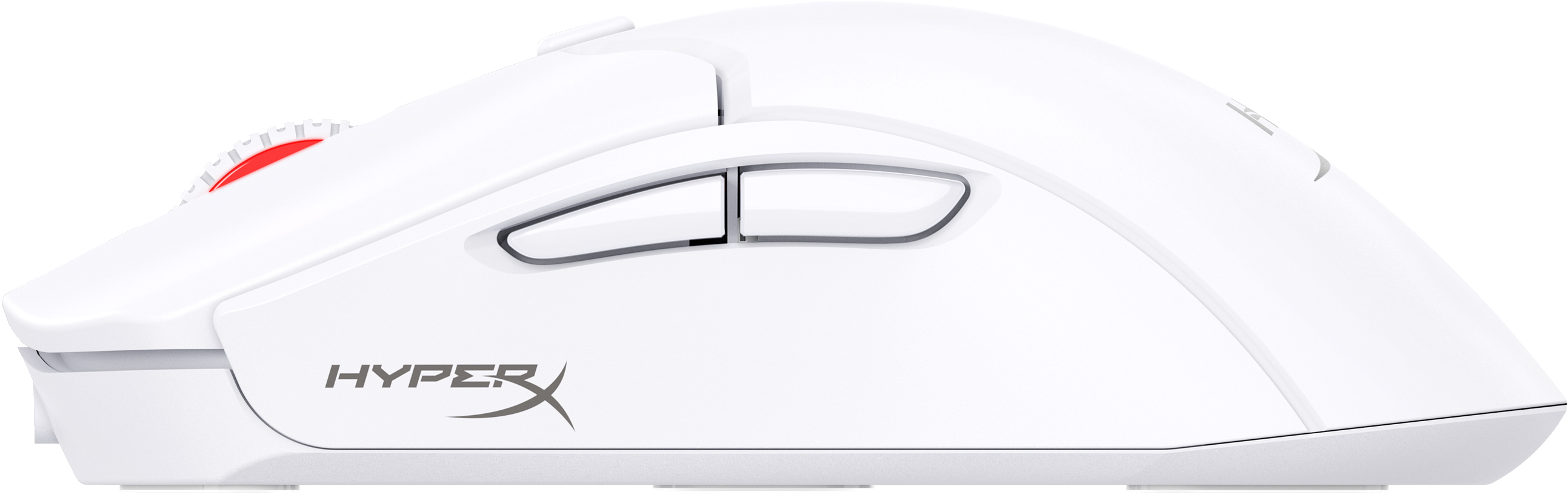 Weiße Gaming-Maus mit rotem Scrollrad und Seitentasten. HyperX-Logo.