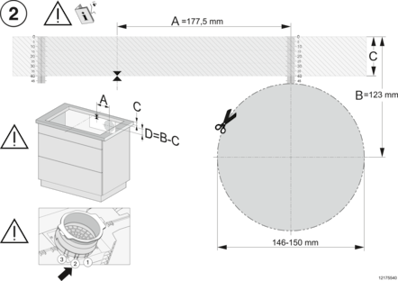 Diagramm mit Maßen und Warnsymbolen: Rechteck, Kreis, Spülbecken und Filter.