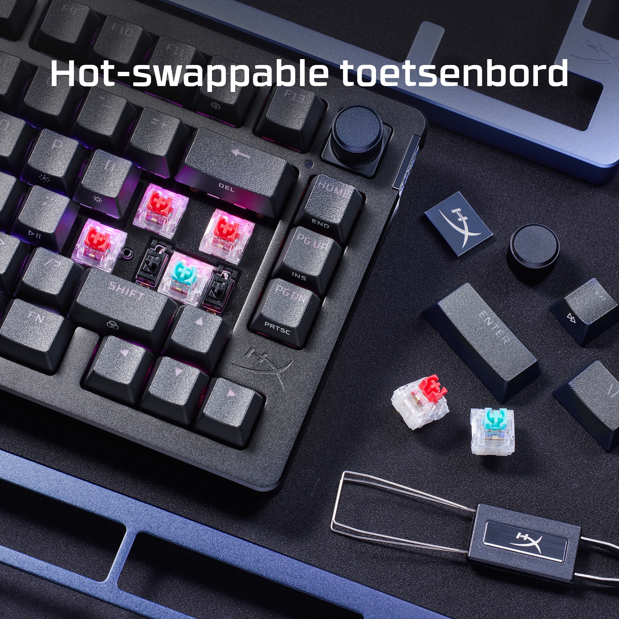 Close-up of a black keyboard with colored keys and some keys removed.