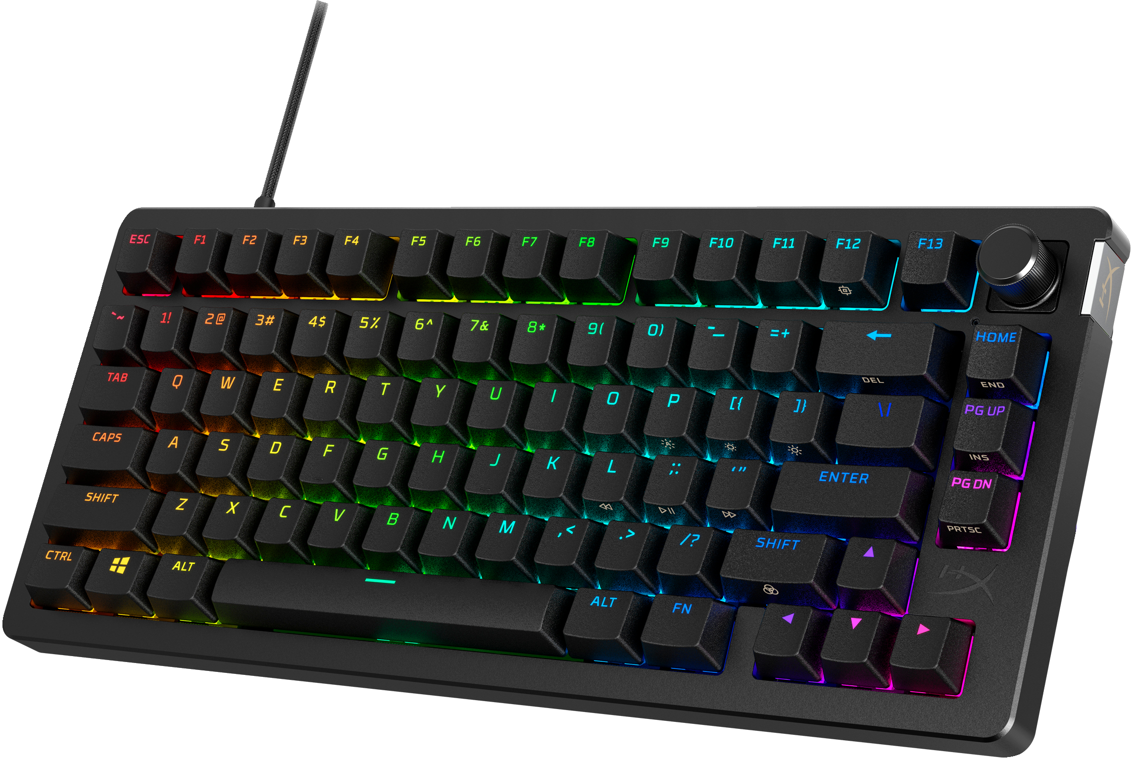 Black mechanical keyboard with rainbow keys and a volume knob.
