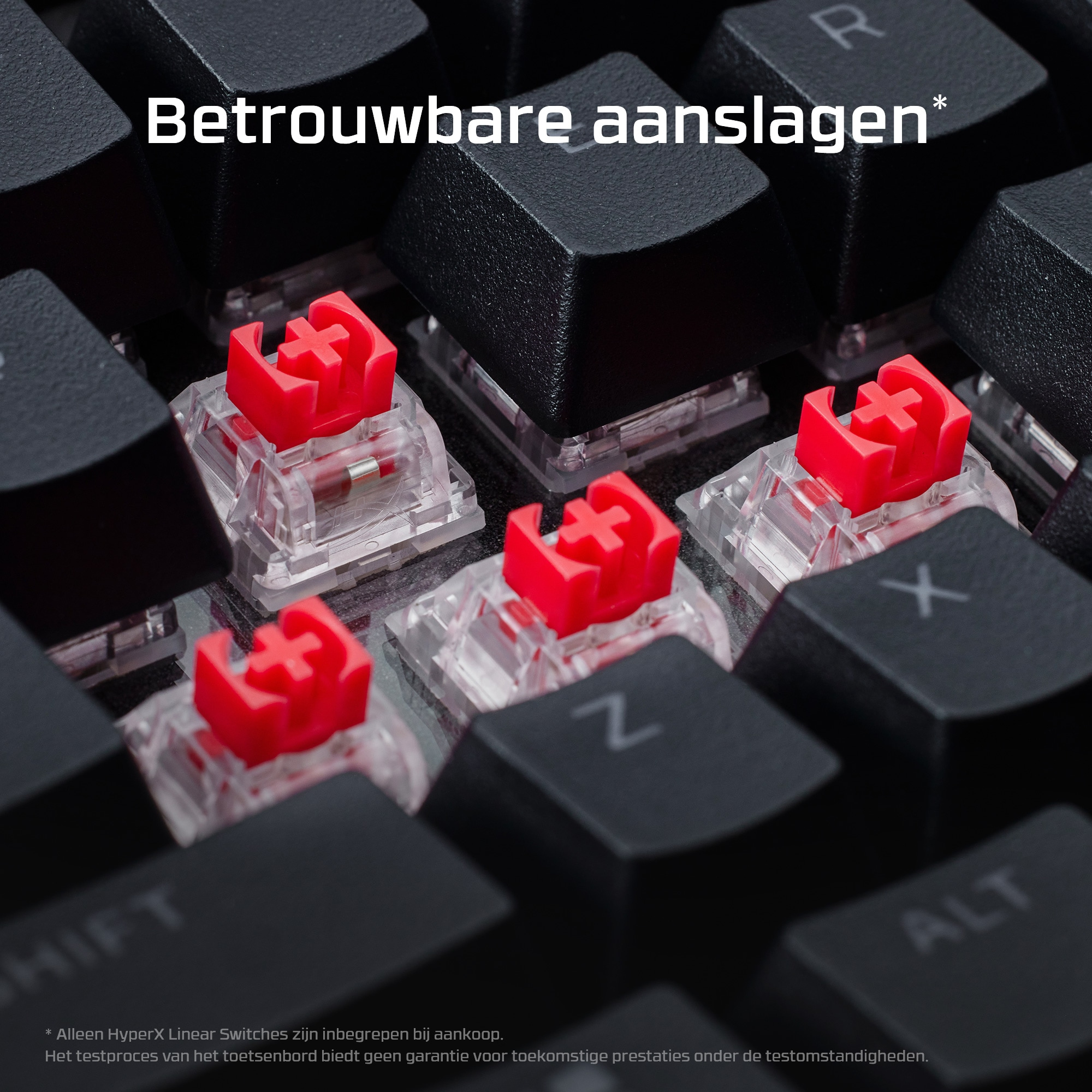 Close-up of a black keyboard with red mechanical switches. The keys are black, and a text overlay appears.