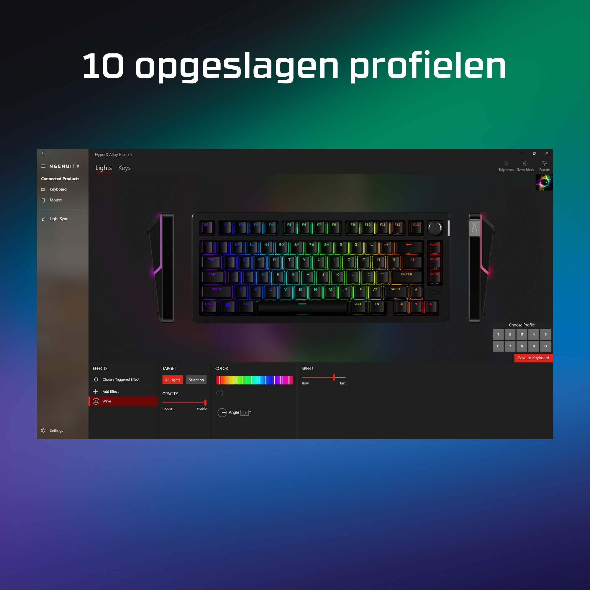Keyboard with multicolor keys, a screen with a keyboard configuration. Text: 10 saved profiles.