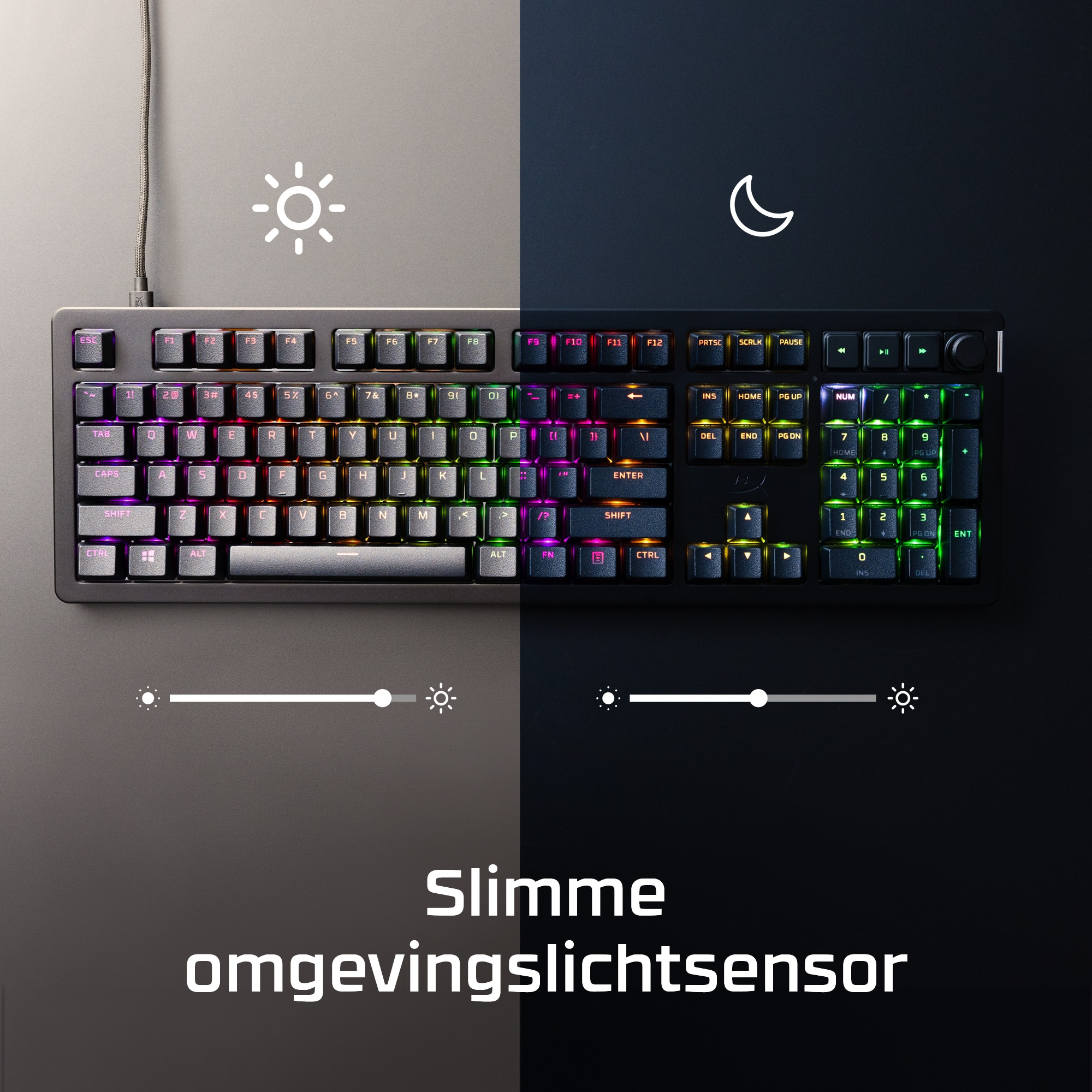 Een toetsenbord met verlichte toetsen, dag- en nachtmodusinstellingen worden getoond.