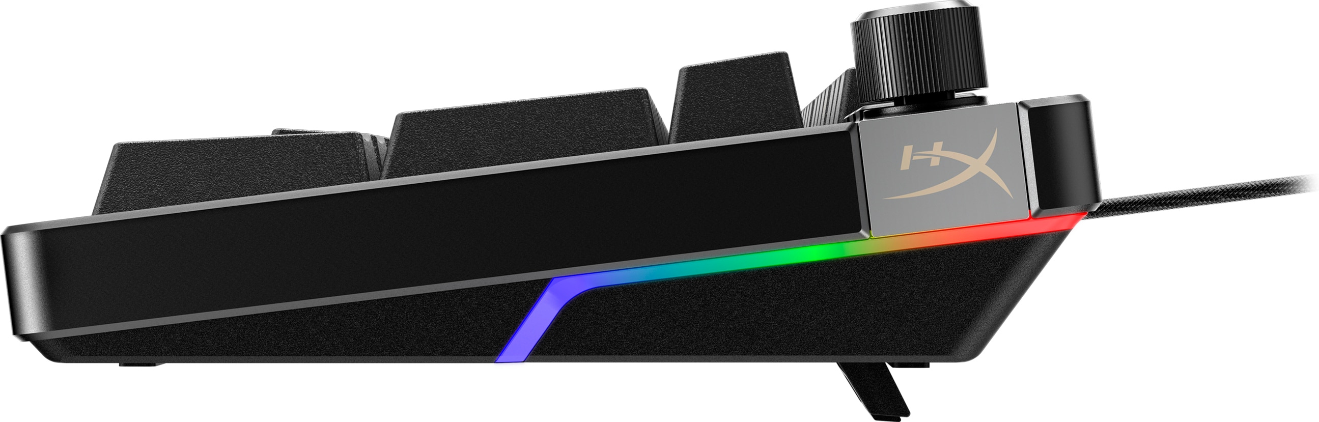 Zwart toetsenbord met volumeknop. RGB-verlichting aan de onderkant. HyperX-logo zichtbaar.