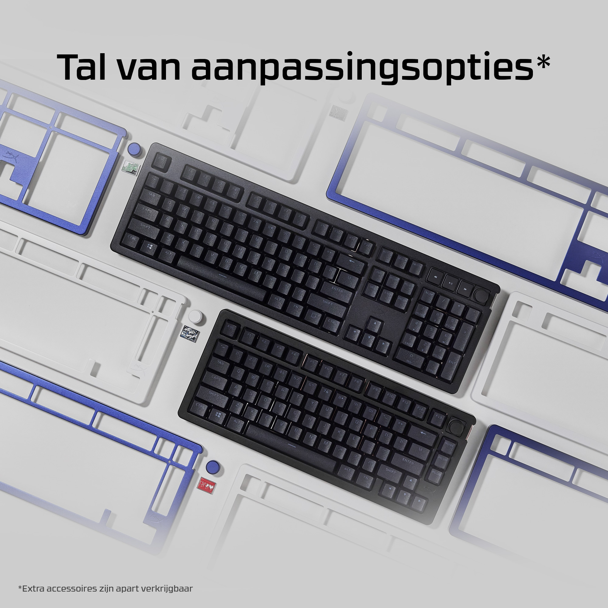 Twee zwarte toetsenborden met extra onderdelen. De toetsenborden staan tegen een witte en blauwe achtergrond.